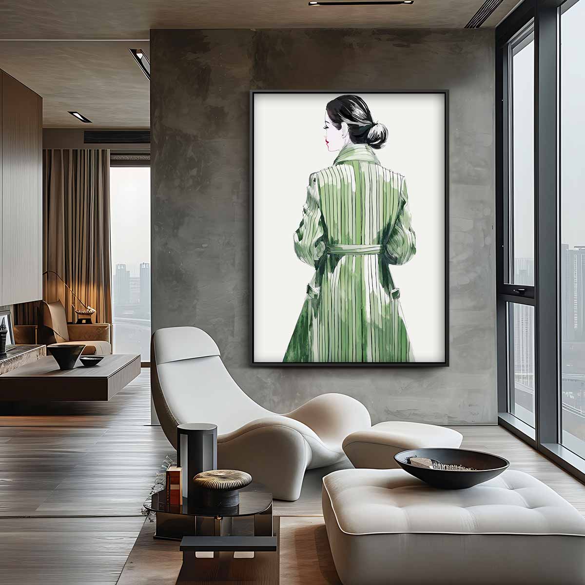 Elegante Gestalte in Groene Jas Kunstwerk-canvas-dibond-plexiglas-wanddecoratie-WallArtistic