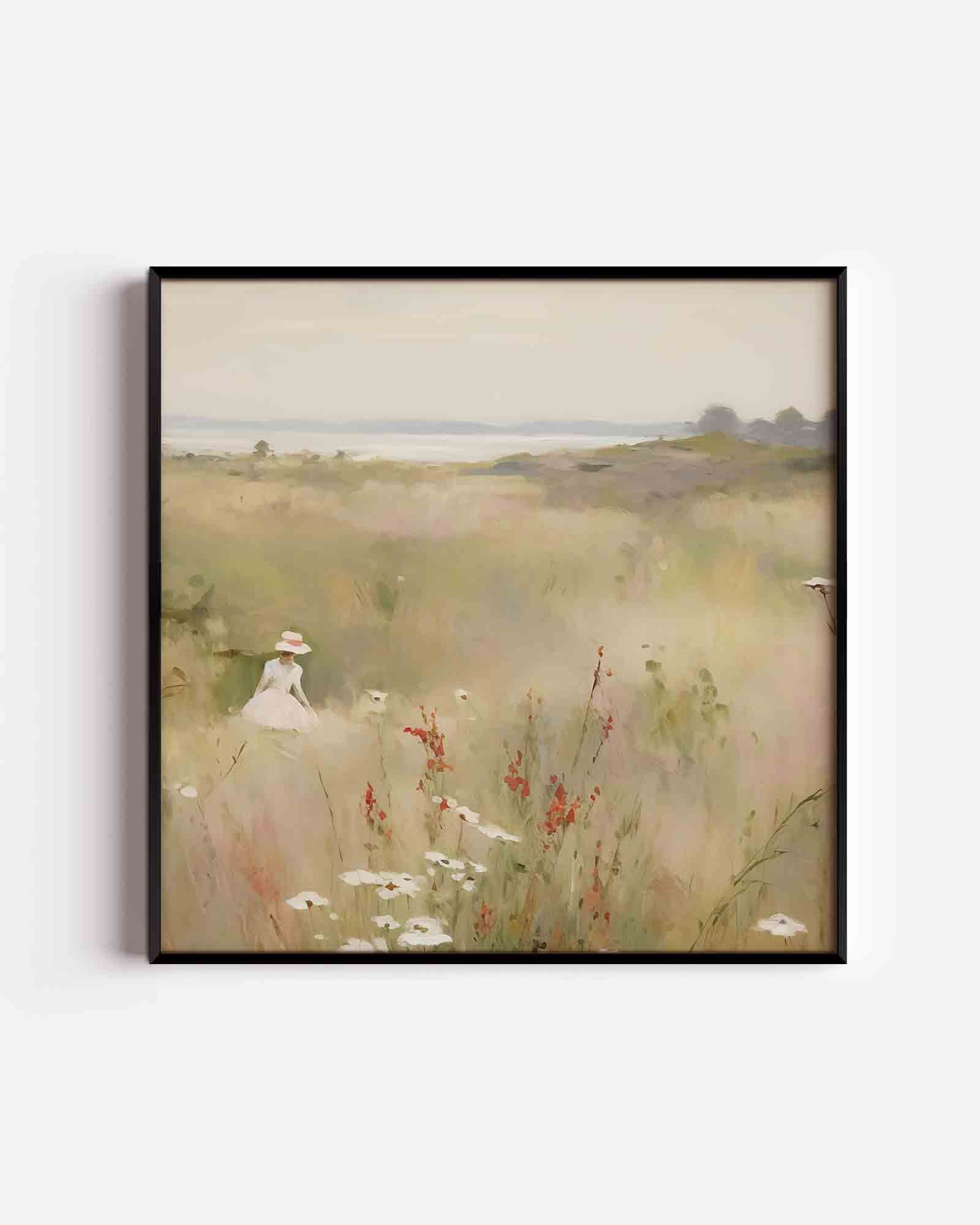 Vrouw in bloemenveld Poster