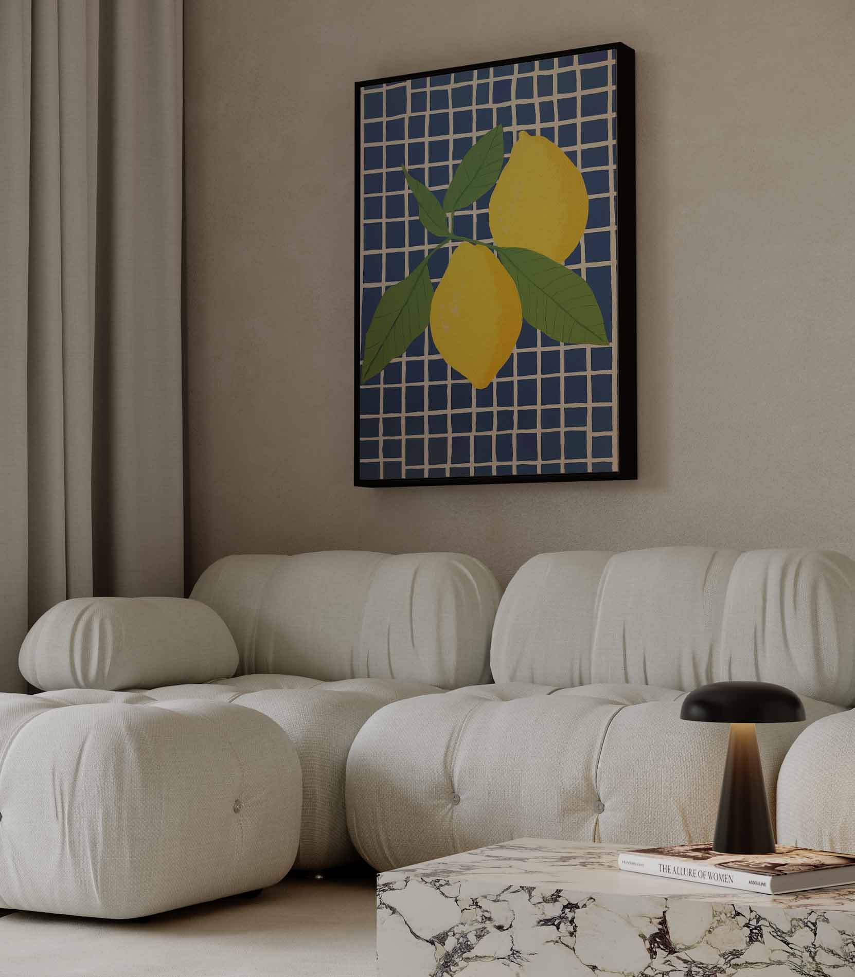 Zonnige Citroenen op Blauwe Tegel Kunstwerk-canvas-dibond-plexiglas-wanddecoratie-WallArtistic