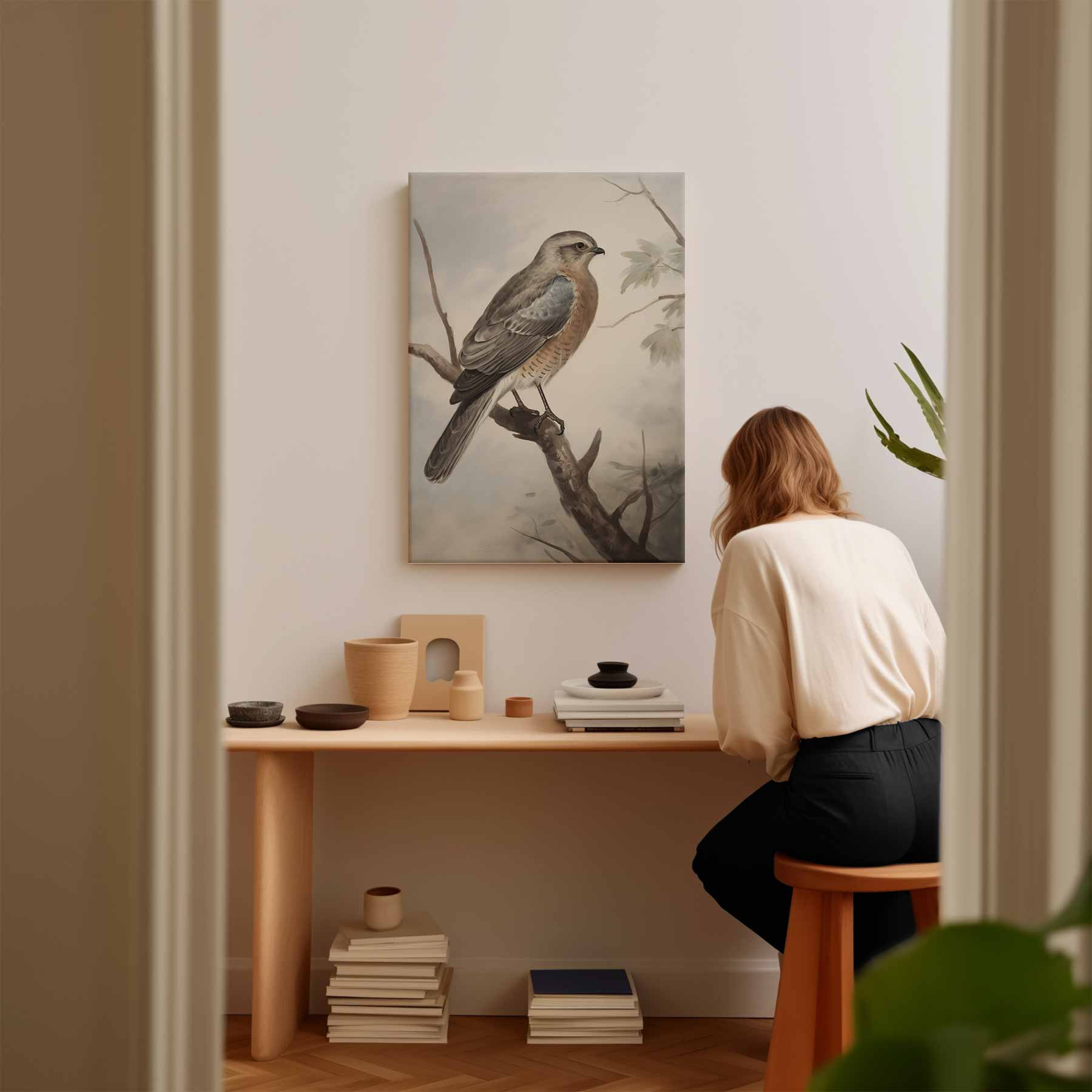 Vogelschilderij op tak Kunstwerk-canvas-dibond-plexiglas-wanddecoratie-WallArtistic