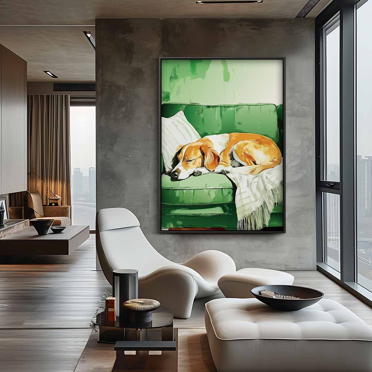 Slapende Hond op Groene Bank Kunstwerk-canvas-dibond-plexiglas-wanddecoratie-WallArtistic