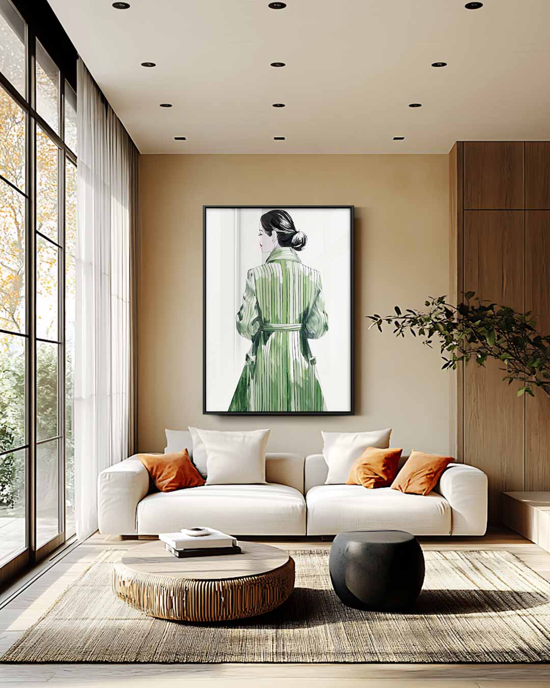 Elegante Gestalte in Groene Jas Kunstwerk-canvas-dibond-plexiglas-wanddecoratie-WallArtistic