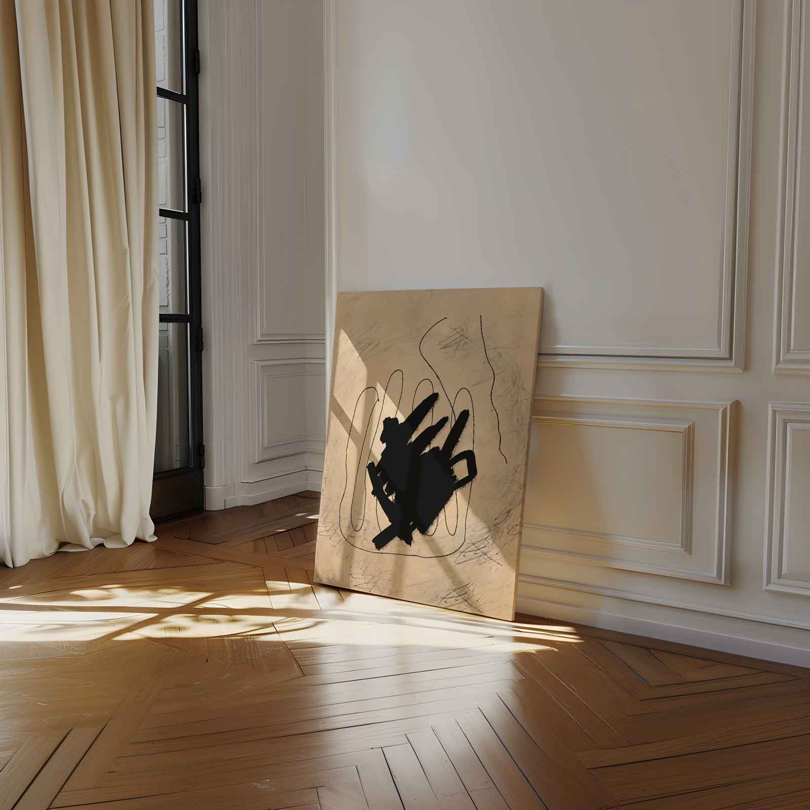 Abstracte Expressie in Zwart en Beige Kunstwerk-canvas-dibond-plexiglas-wanddecoratie-WallArtistic