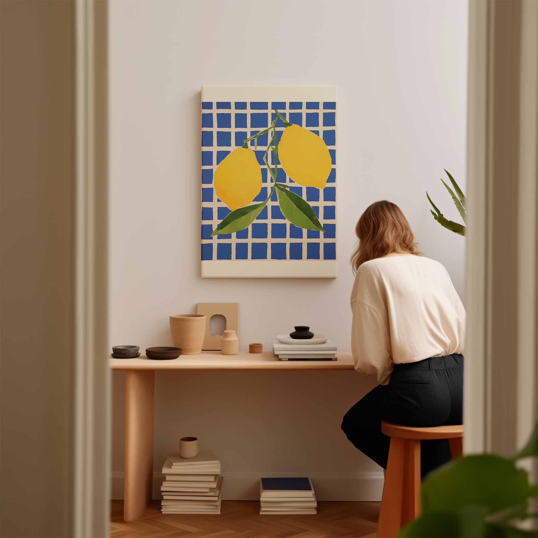 Citroenen op Blauw Geruit Kunstwerk-canvas-dibond-plexiglas-wanddecoratie-WallArtistic