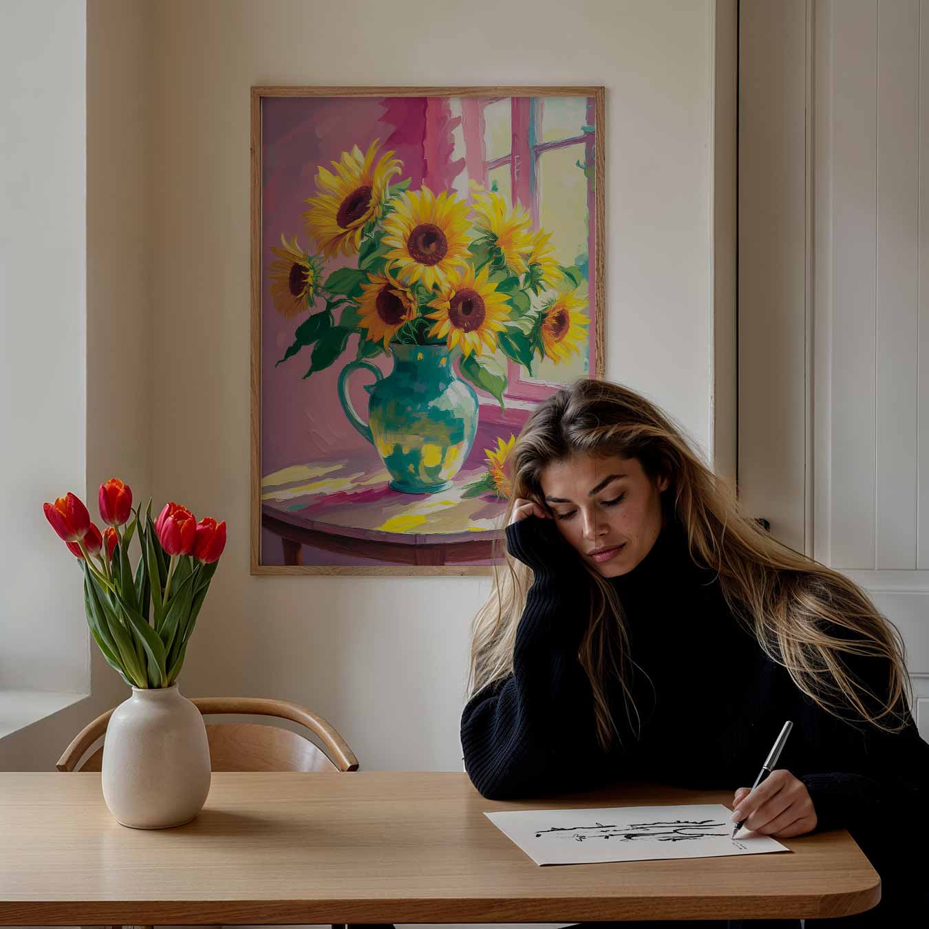 Zonnige Zonnebloemen in Vaasje Poster-WallArtistic