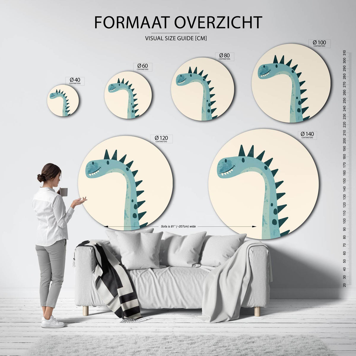 Blauwe dinosaurus Muurcirkel – extra productweergave – Een blauwe dinosaurus met donkere stekels en een glimlach op een beige