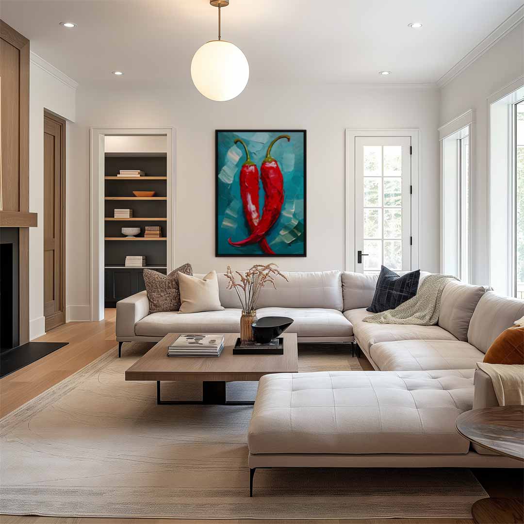 Pittige Paprikaduo Kunstwerk-canvas-dibond-plexiglas-wanddecoratie-WallArtistic