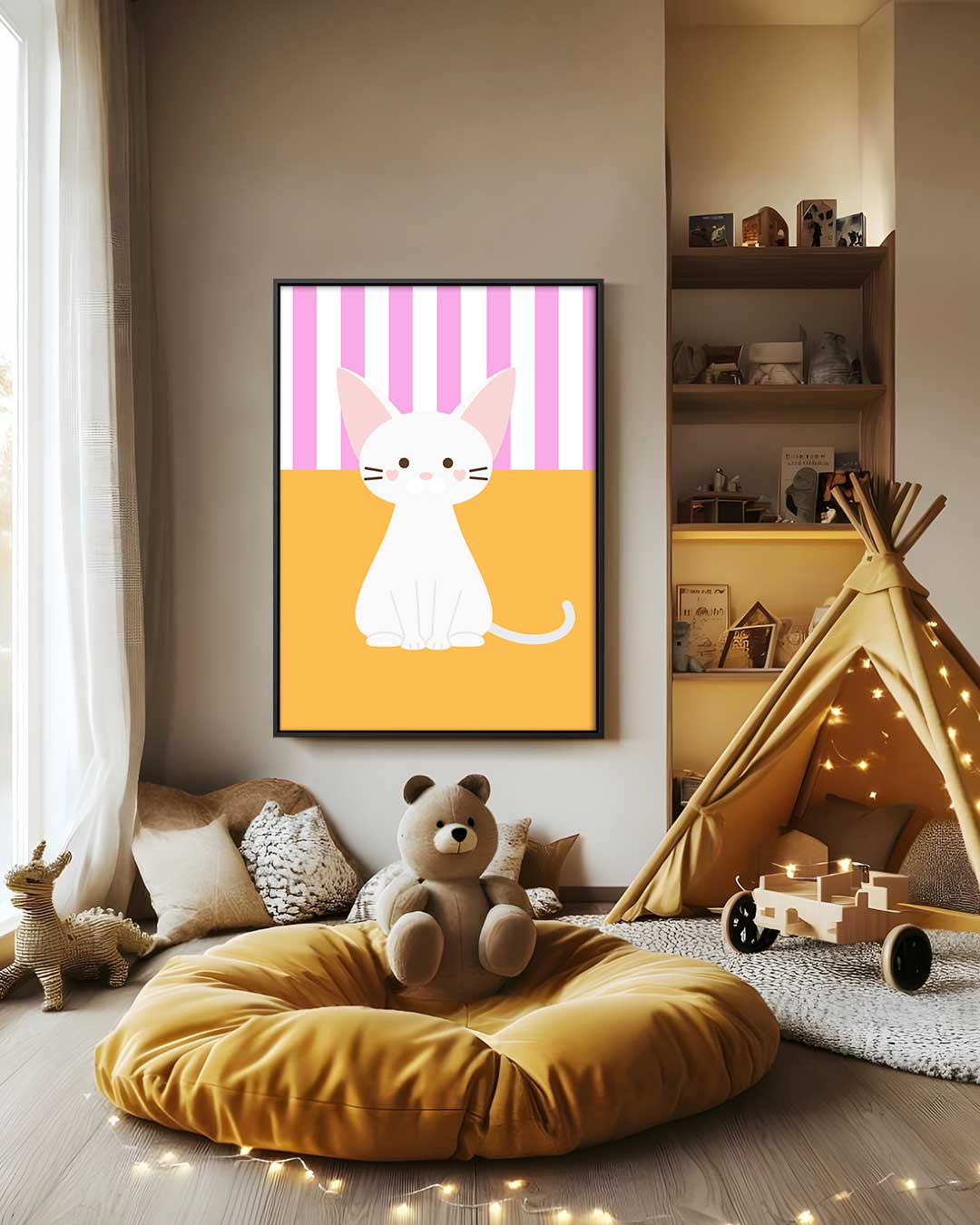 Schattige Kat op Streepjesachtergrond Kunstwerk-canvas-dibond-plexiglas-wanddecoratie-WallArtistic