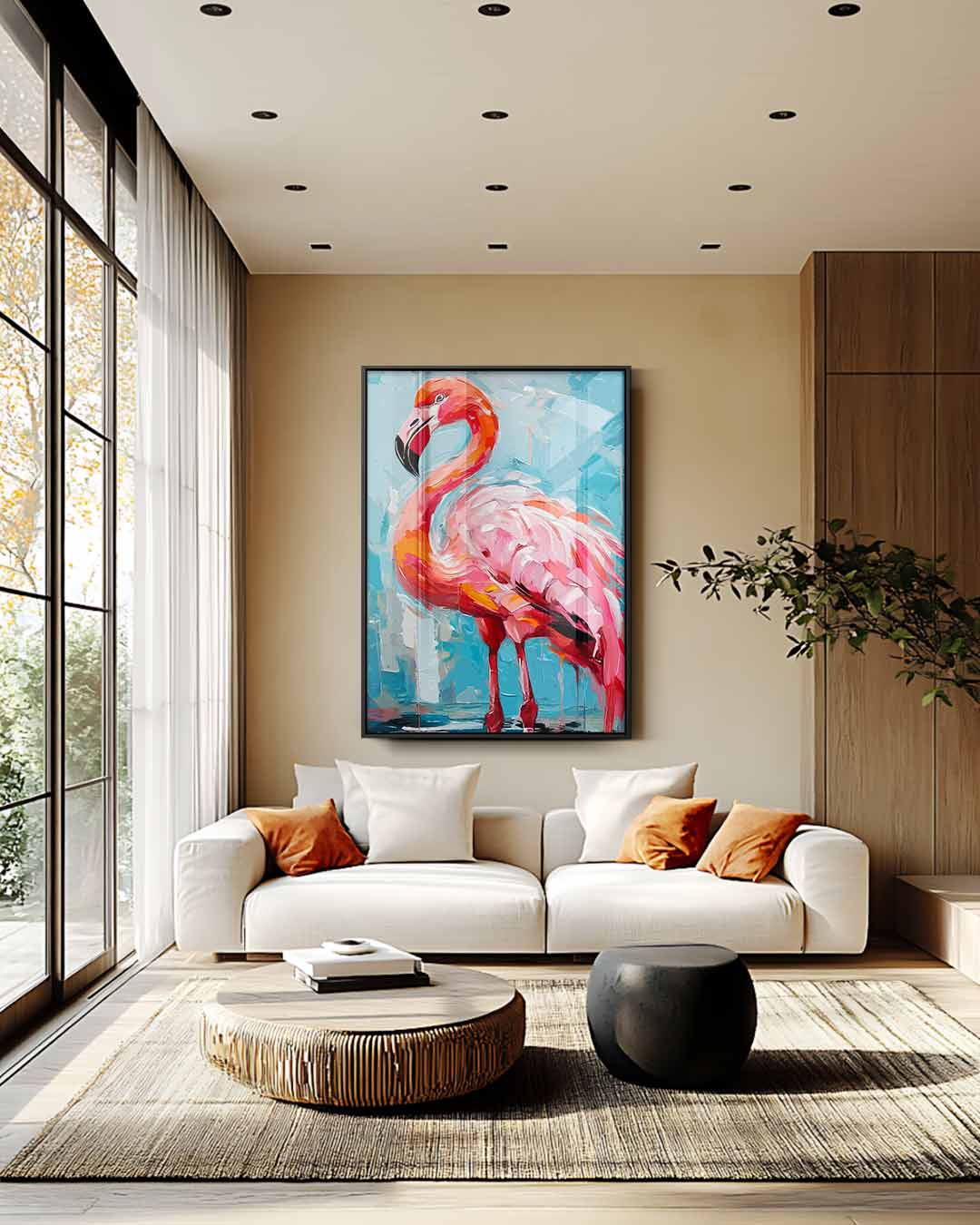 Vrolijke Flamingo op Blauw Kunstwerk-canvas-dibond-plexiglas-wanddecoratie-WallArtistic