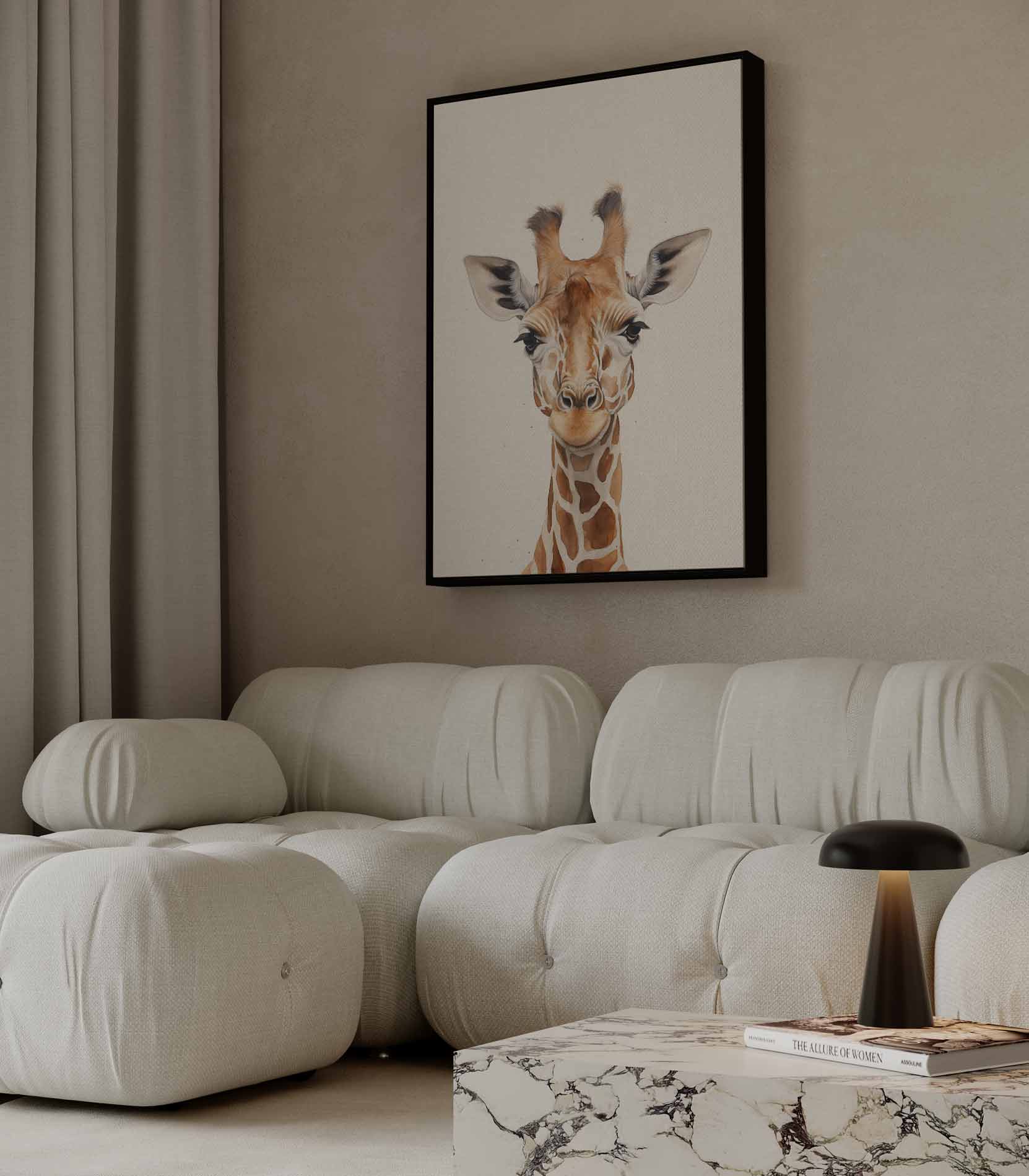 Vrolijke Giraffe Portret Kunstwerk-canvas-dibond-plexiglas-wanddecoratie-WallArtistic