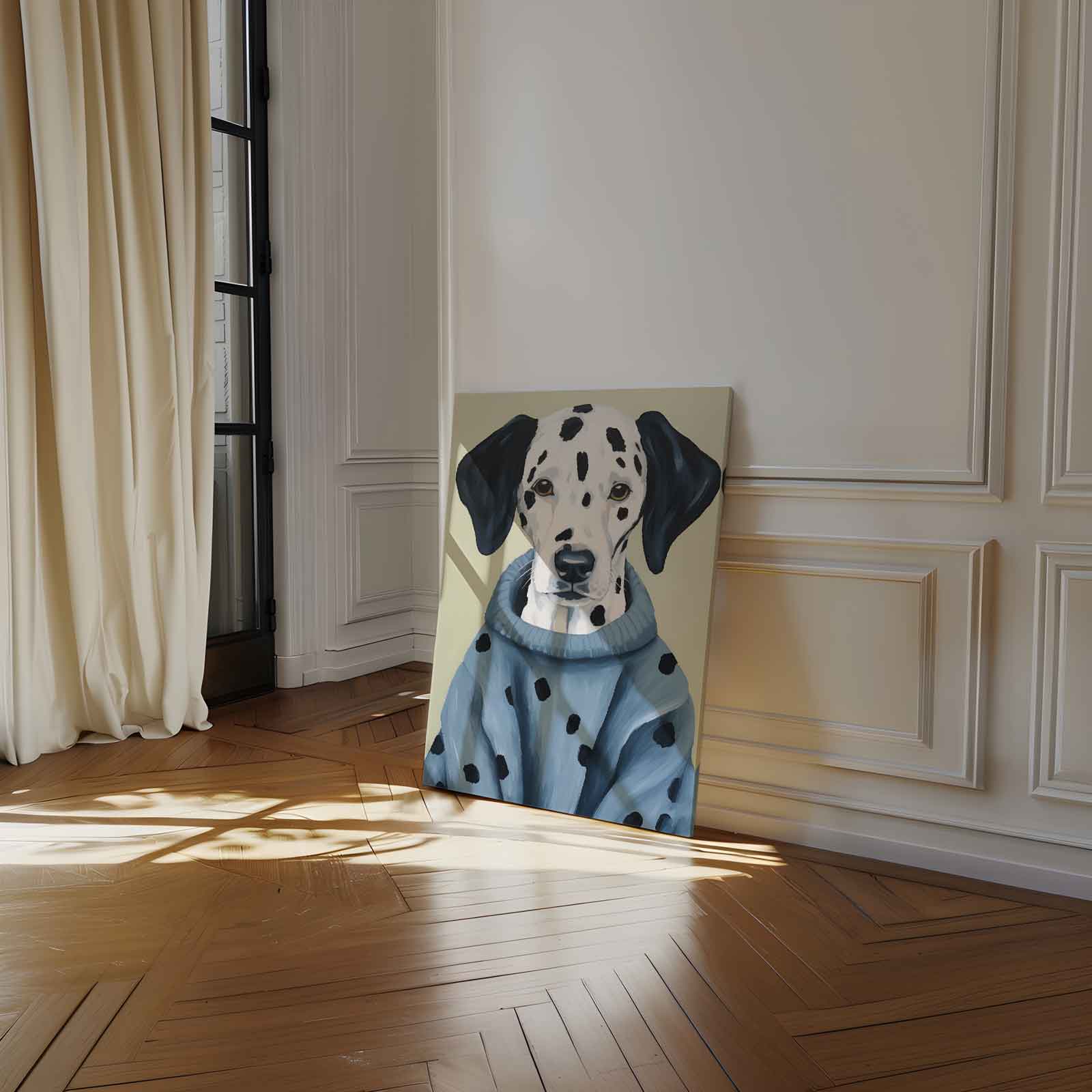 Stijlvolle Dalmatiër in Blauwe Trui Kunstwerk-canvas-dibond-plexiglas-wanddecoratie-WallArtistic