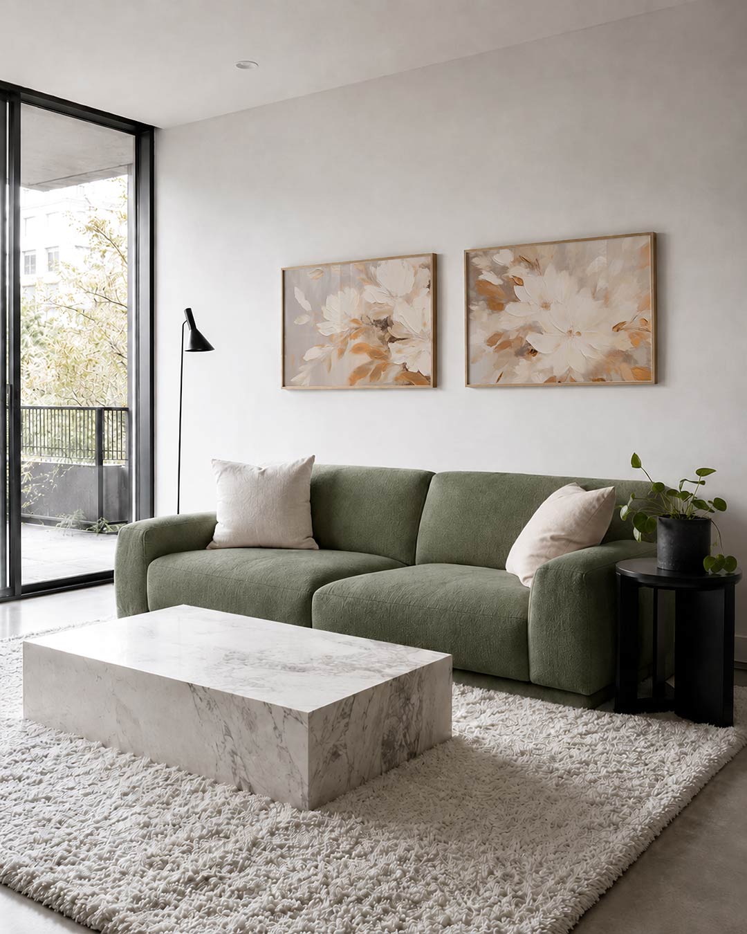 Twee liggende posters met zachte, vloeiende bloemvormen in warme tinten van crème en bruin, aan de muur in een interieur