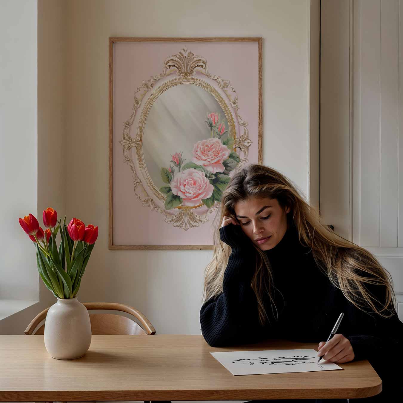 Vintage Spiegel met Rozen Poster-WallArtistic