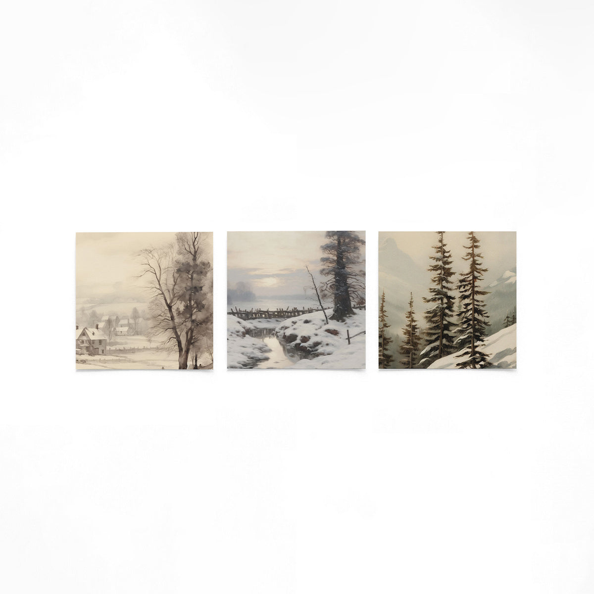 Drie vierkante posters met winterlandschap op een gebroken witte achtergrond