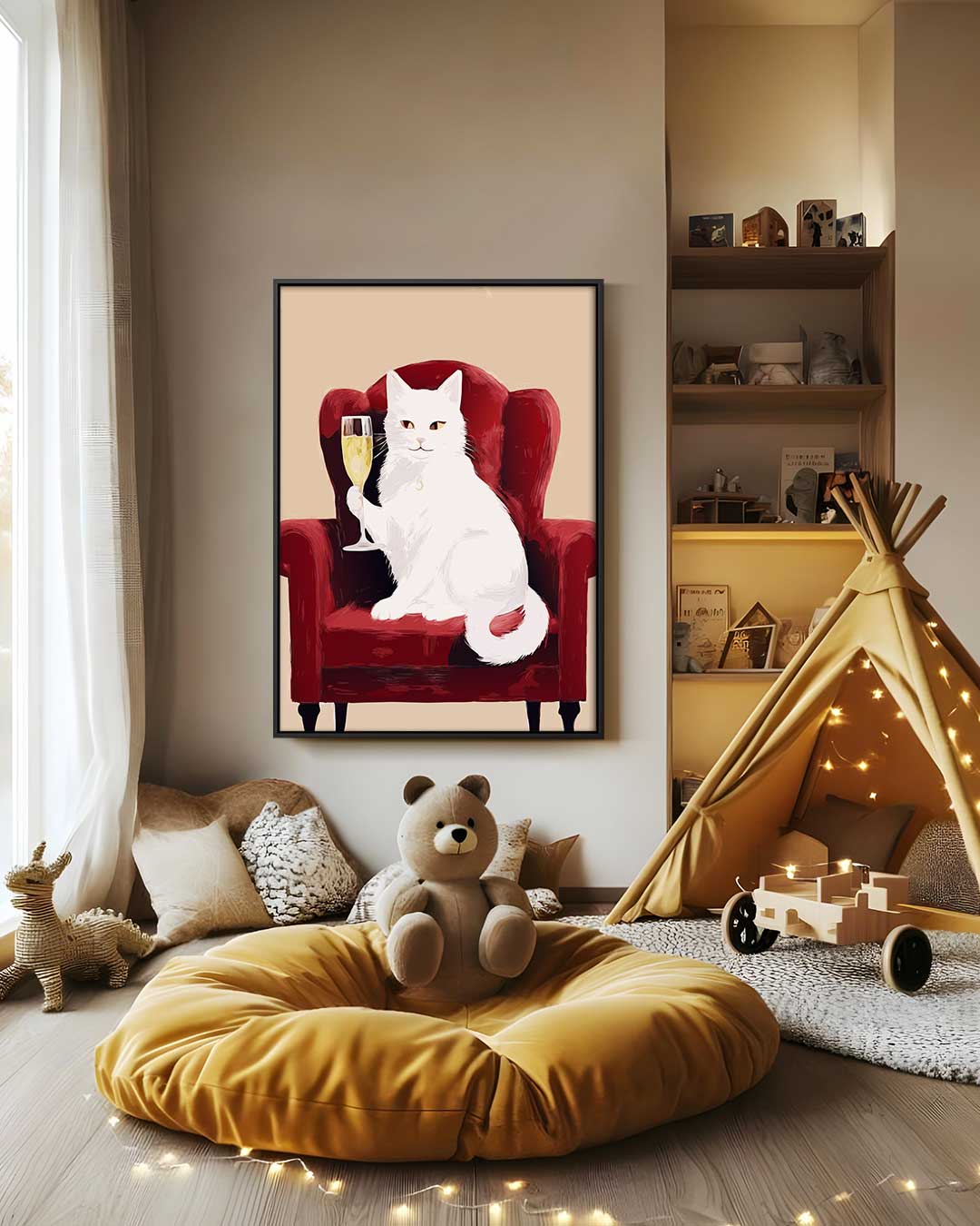 Aristocratische Kat op Rode Fauteuil Kunstwerk-canvas-dibond-plexiglas-wanddecoratie-WallArtistic