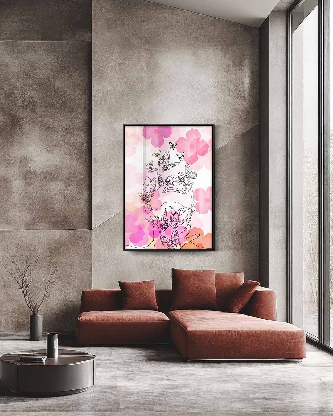 Vlinders en Bloemen Lijntekening Kunstwerk-canvas-dibond-plexiglas-wanddecoratie-WallArtistic