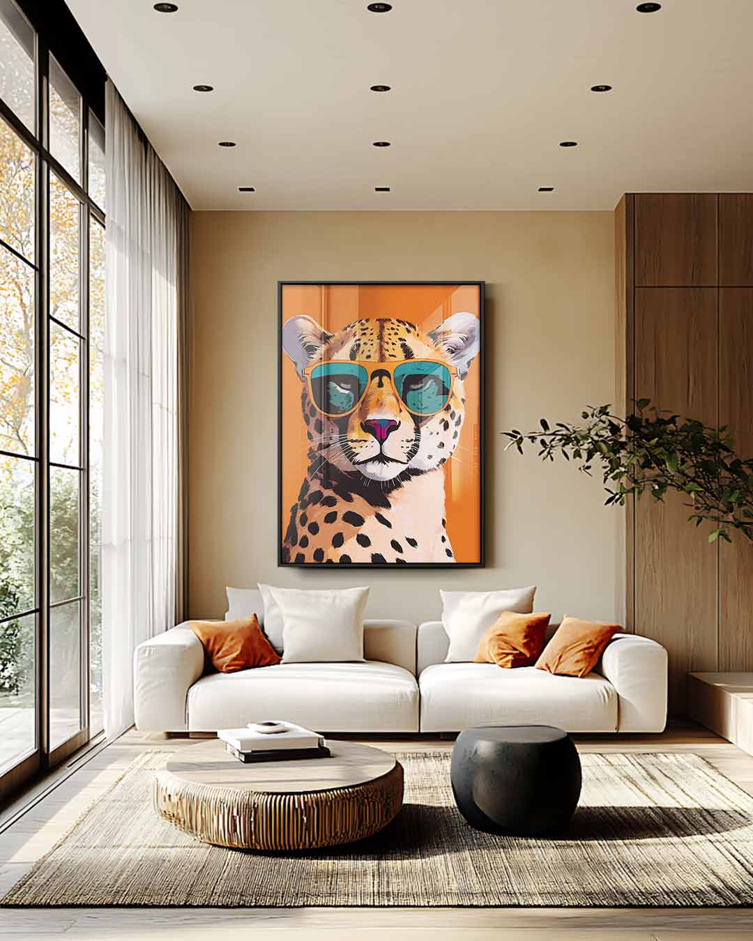 Stoere Jachtluipaard met Zonnebril Kunstwerk-canvas-dibond-plexiglas-wanddecoratie-WallArtistic