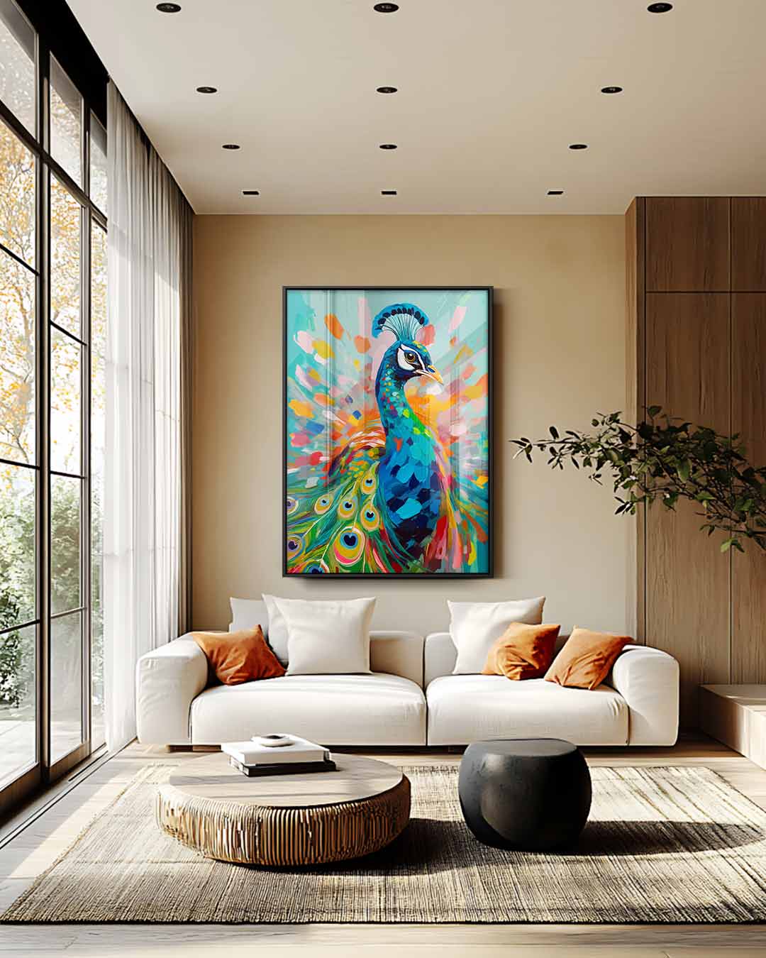 Kleurrijke Pauw Schilderij Kunstwerk-canvas-dibond-plexiglas-wanddecoratie-WallArtistic