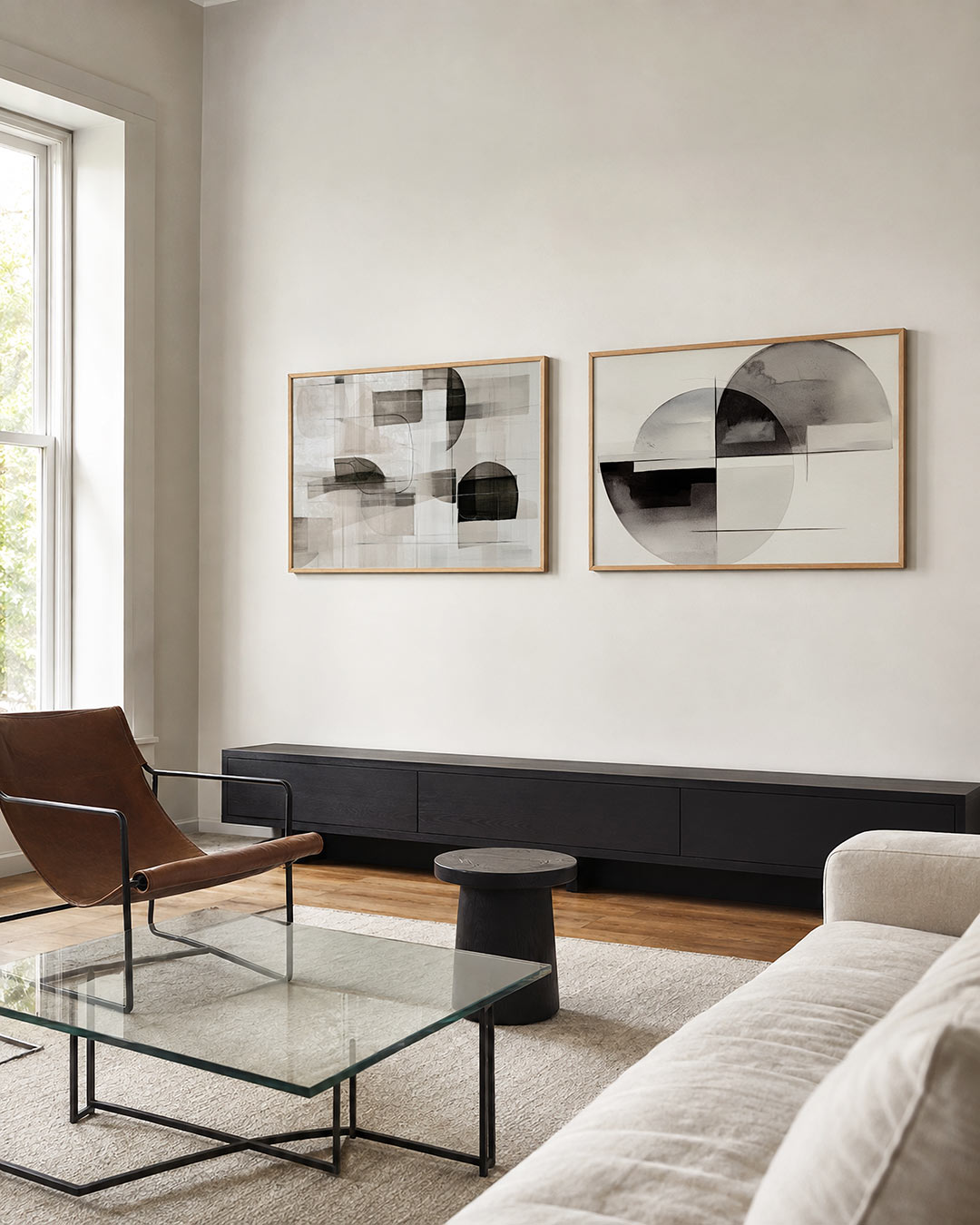 Tweedelige posterset met een spel van zachte, overlappende vormen in grijstinten, getoond in een interieur