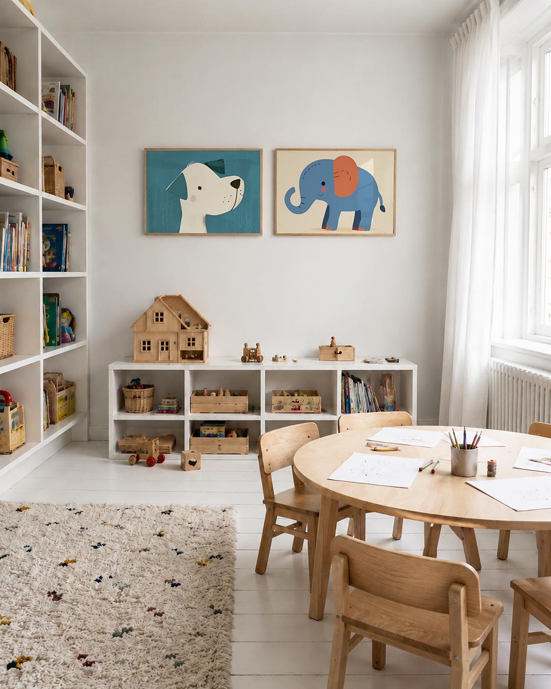 Tweedelige posterset met een speelse hond in zijaanzicht met een witte vacht en blauwe accenten, getoond in een interieur
