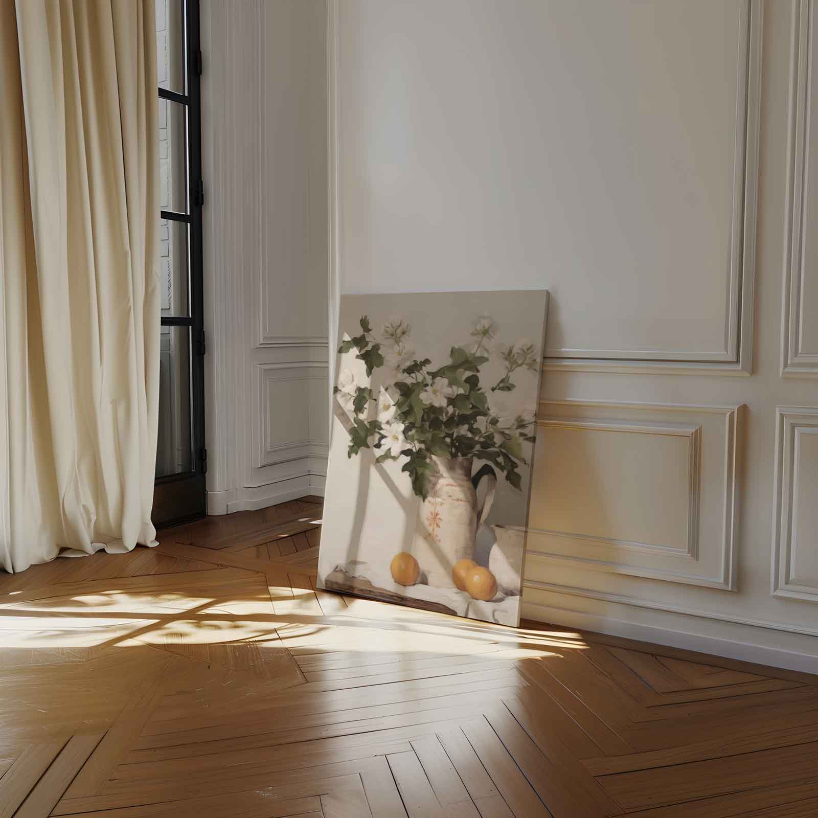 Bloemen en Sinaasappels in Aardewerken Kan Kunstwerk-canvas-dibond-plexiglas-wanddecoratie-WallArtistic