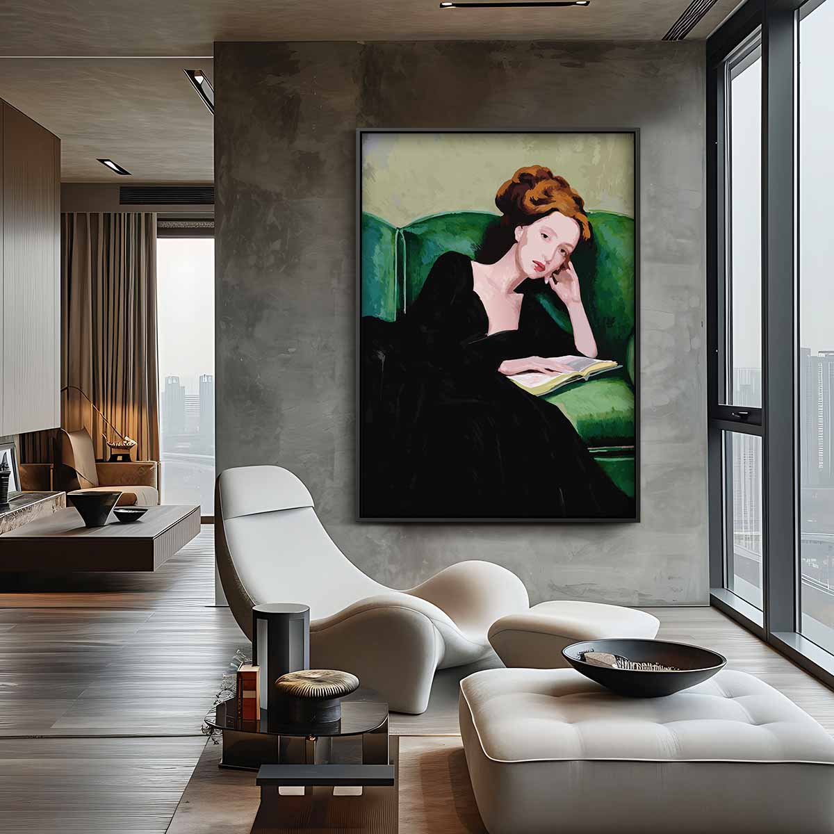 Dromerige Lezeres op Groene Bank Kunstwerk-canvas-dibond-plexiglas-wanddecoratie-WallArtistic