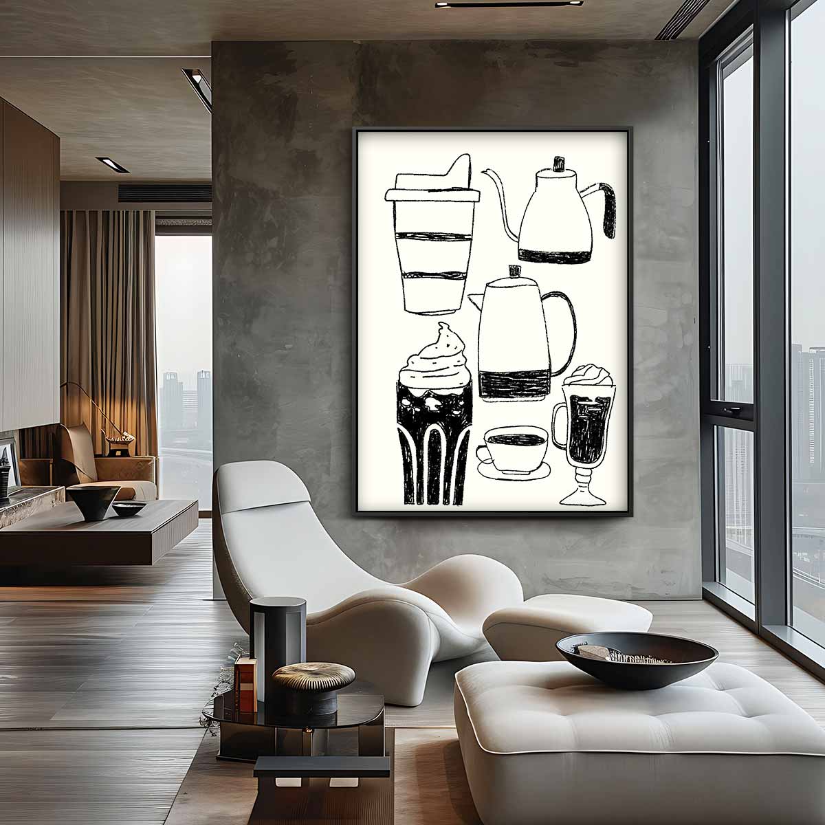 Koffieplezier in Lijnkunst Kunstwerk-canvas-dibond-plexiglas-wanddecoratie-WallArtistic