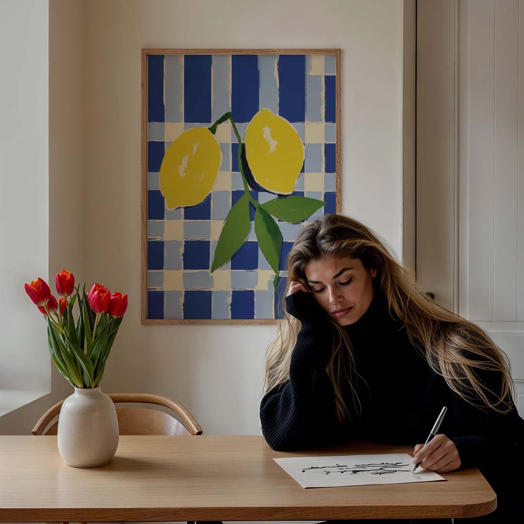 Zonnige Citroenen op Blauw Poster-WallArtistic