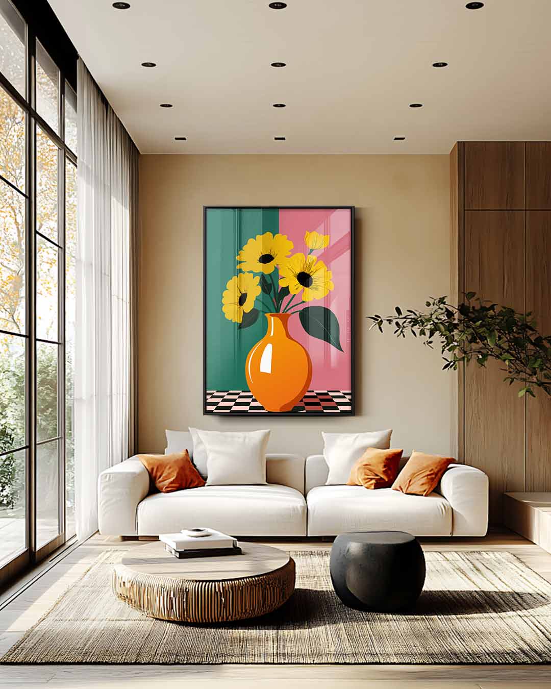 Zonnige Bloemen in Vaas Kunstwerk-canvas-dibond-plexiglas-wanddecoratie-WallArtistic