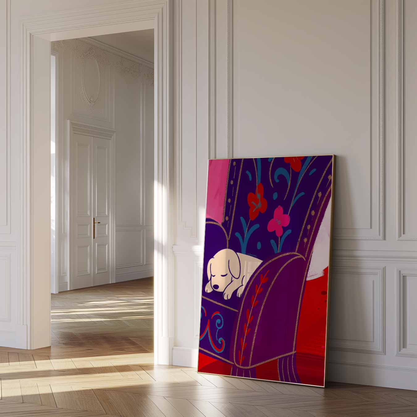 Slaaplief Hondje op Bloemenstoel Poster-WallArtistic