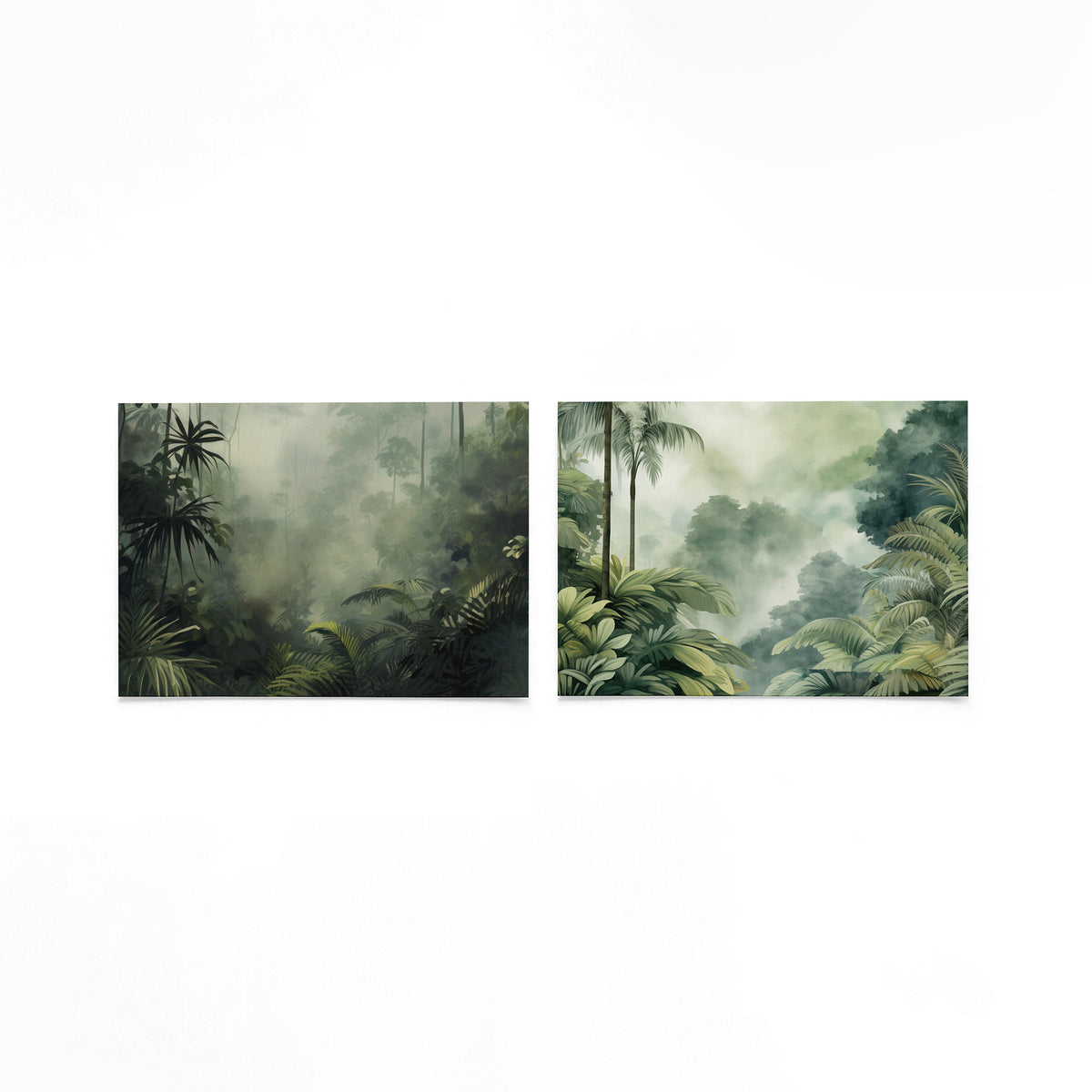 Twee liggende posters met een weelderige jungle met een mysterieuze mist op een gebroken witte achtergrond