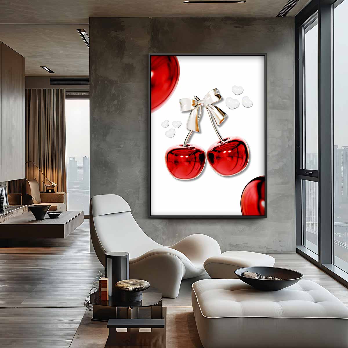 Glanzende Kersen met Strik Kunstwerk-canvas-dibond-plexiglas-wanddecoratie-WallArtistic