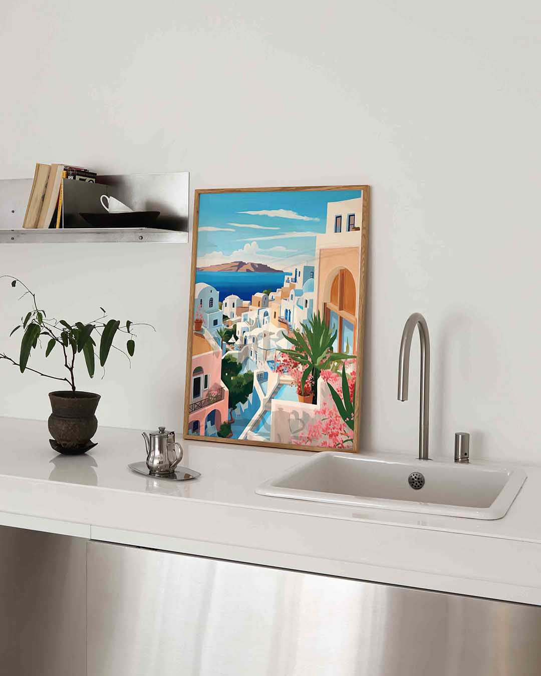 Mediterrane huizen en zee Poster