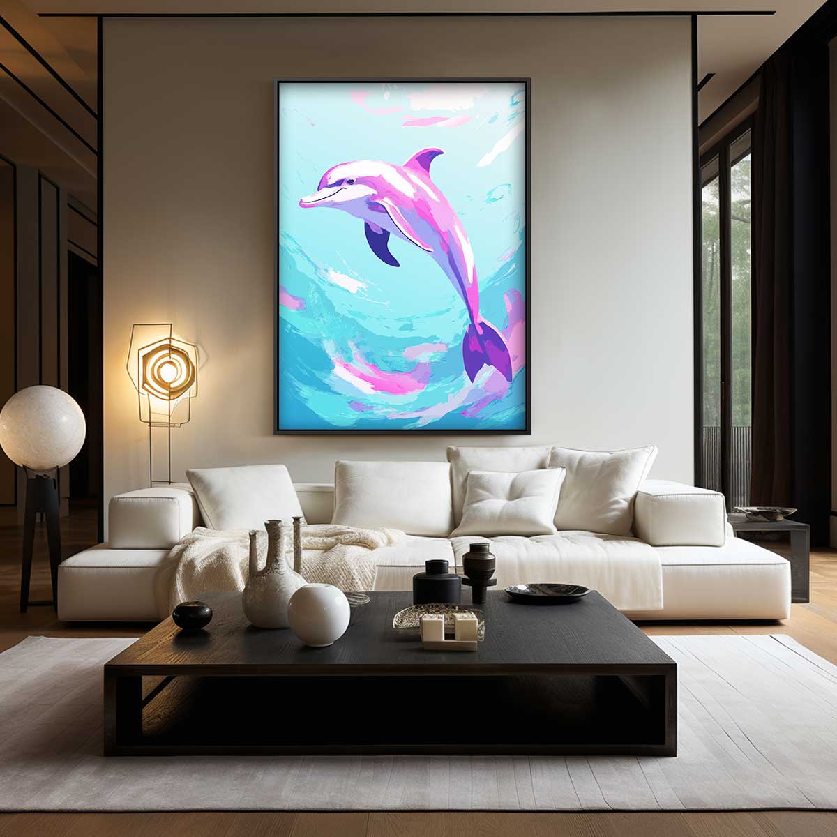Dansende Dolfijn in Oceaan Blues Kunstwerk-canvas-dibond-plexiglas-wanddecoratie-WallArtistic