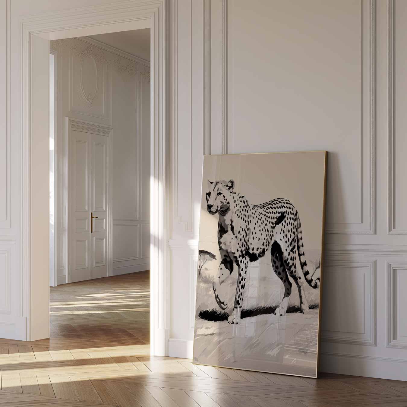 Elegant Luipaard in Sereen Landschap Poster-WallArtistic