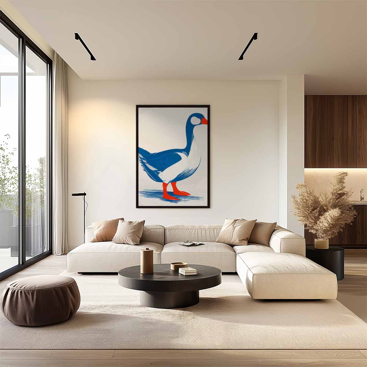 Stijlvolle Eend in Blauw en Rood Kunstwerk-canvas-dibond-plexiglas-wanddecoratie-WallArtistic