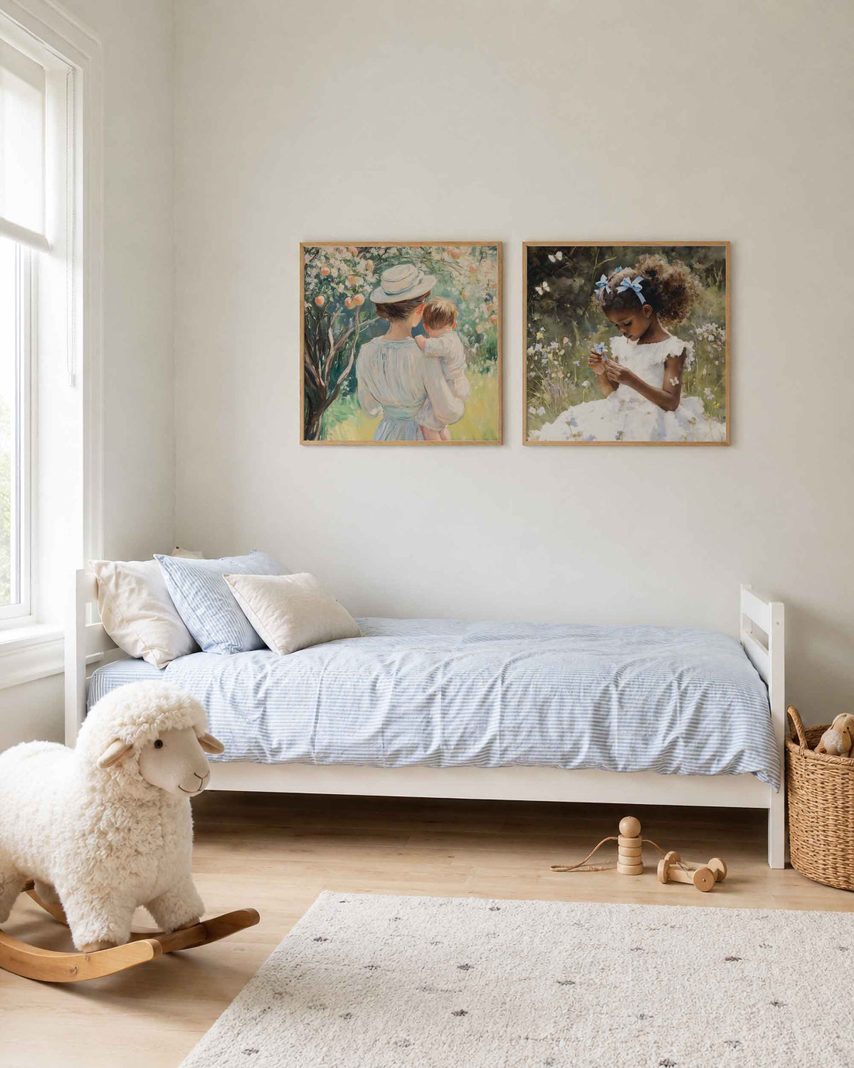 Interieurpresentatie van een tweedelige vierkante posterset met moeders en meisjes