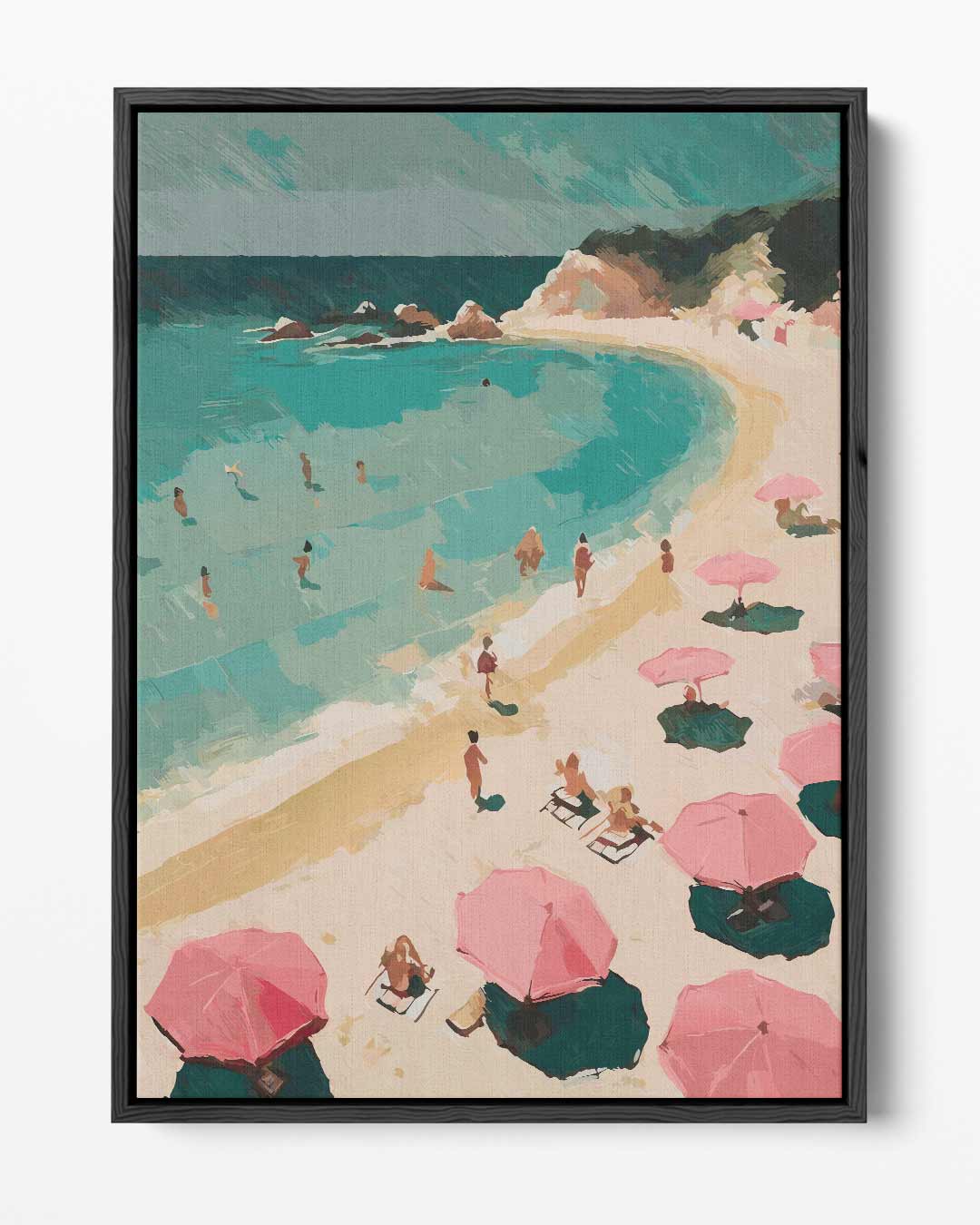 Stranddag met Roze Paraplu's Kunstwerk-canvas-dibond-plexiglas-wanddecoratie-WallArtistic