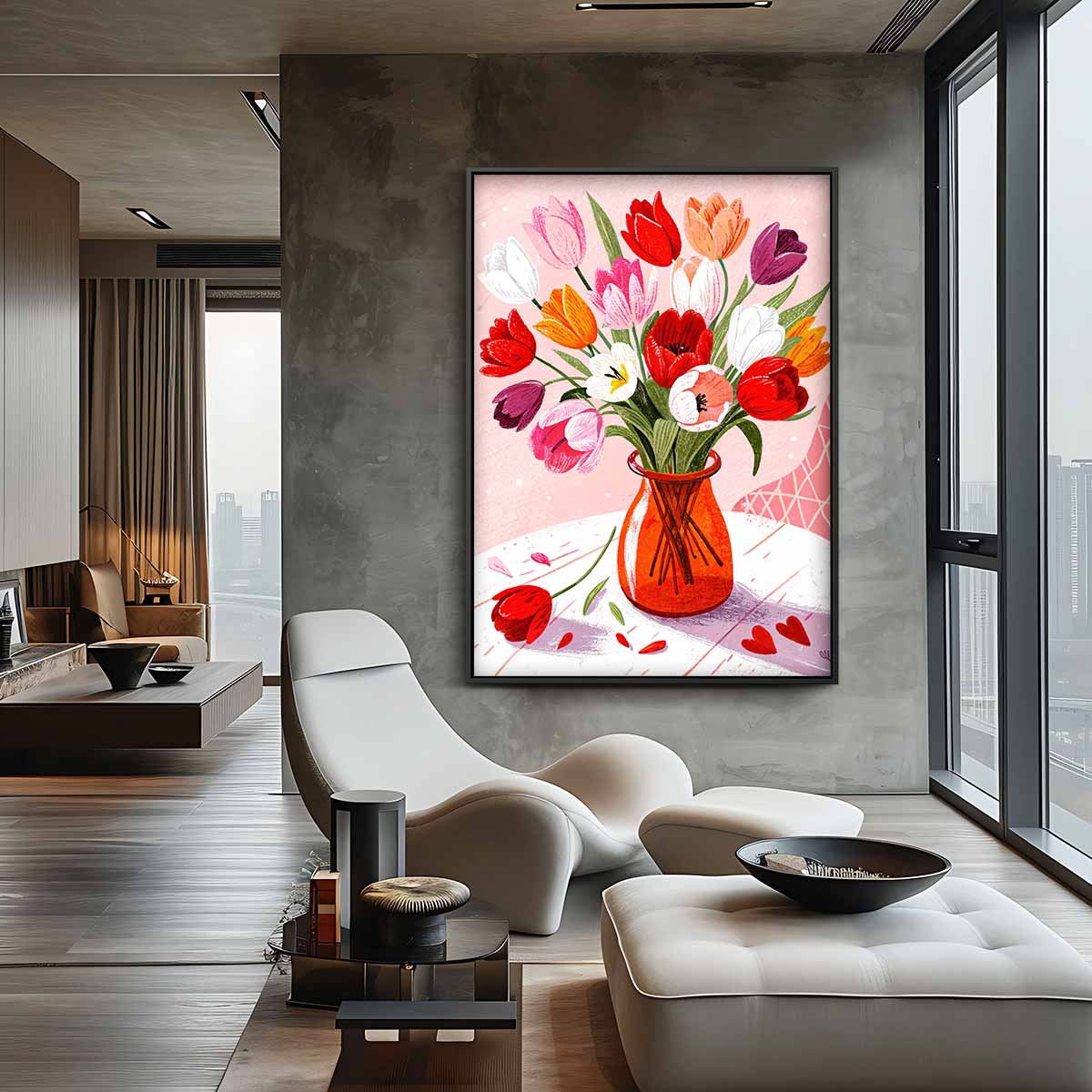 Vrolijk Tulpenboeket Illustratie Kunstwerk-canvas-dibond-plexiglas-wanddecoratie-WallArtistic