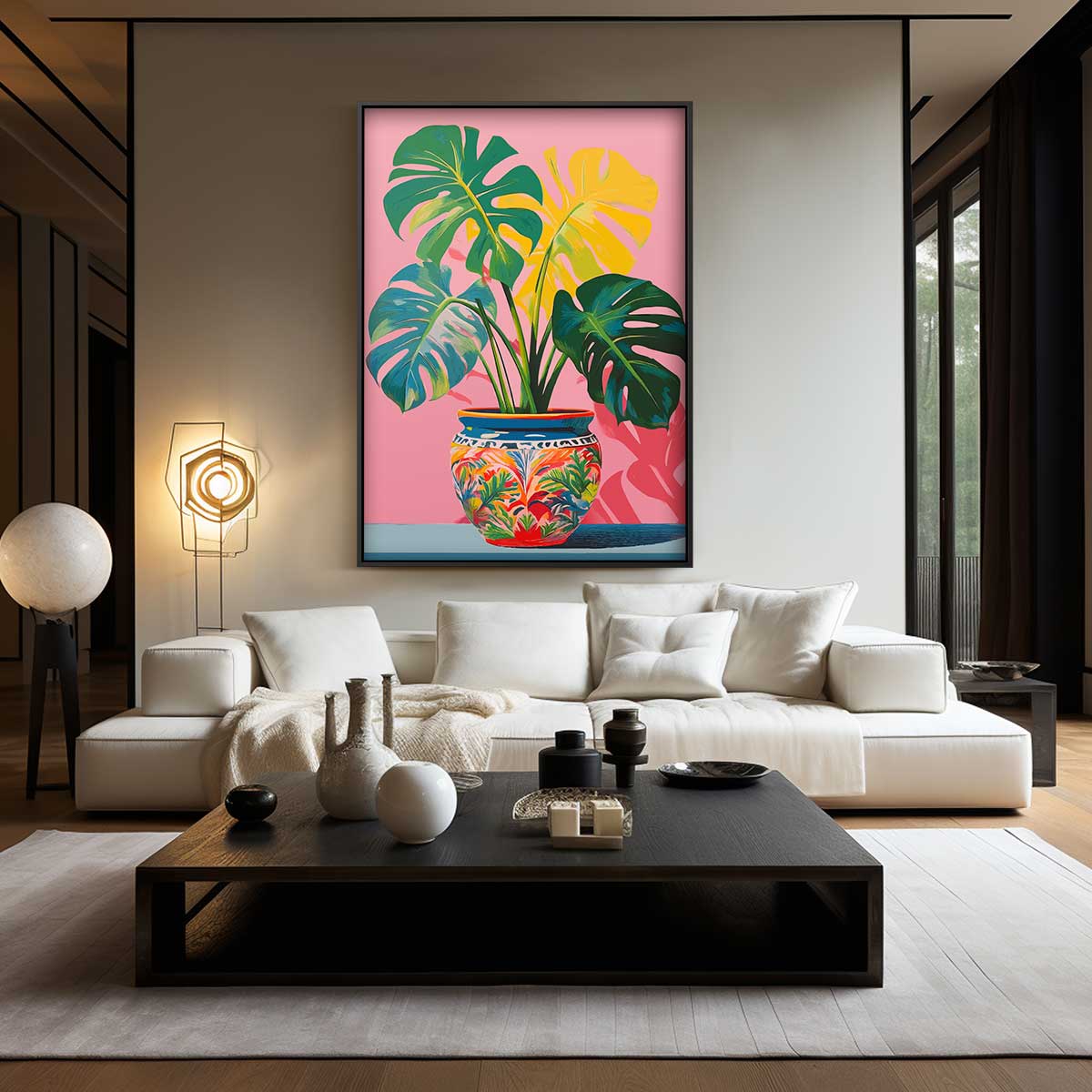 Tropische Monstera in Vrolijke Pot Kunstwerk-canvas-dibond-plexiglas-wanddecoratie-WallArtistic