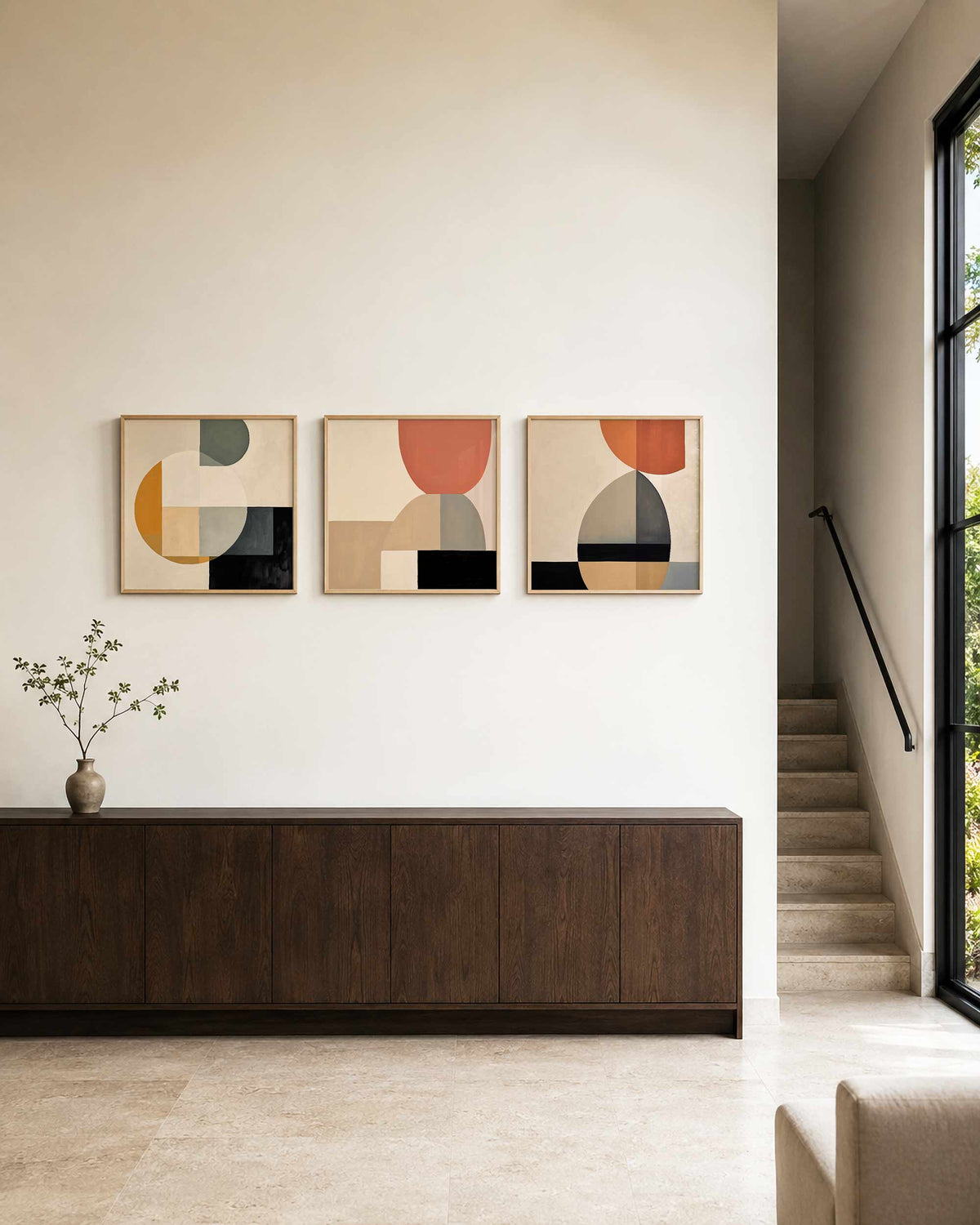 Interieurpresentatie van een driedelige vierkante posterset met abstracte vormen