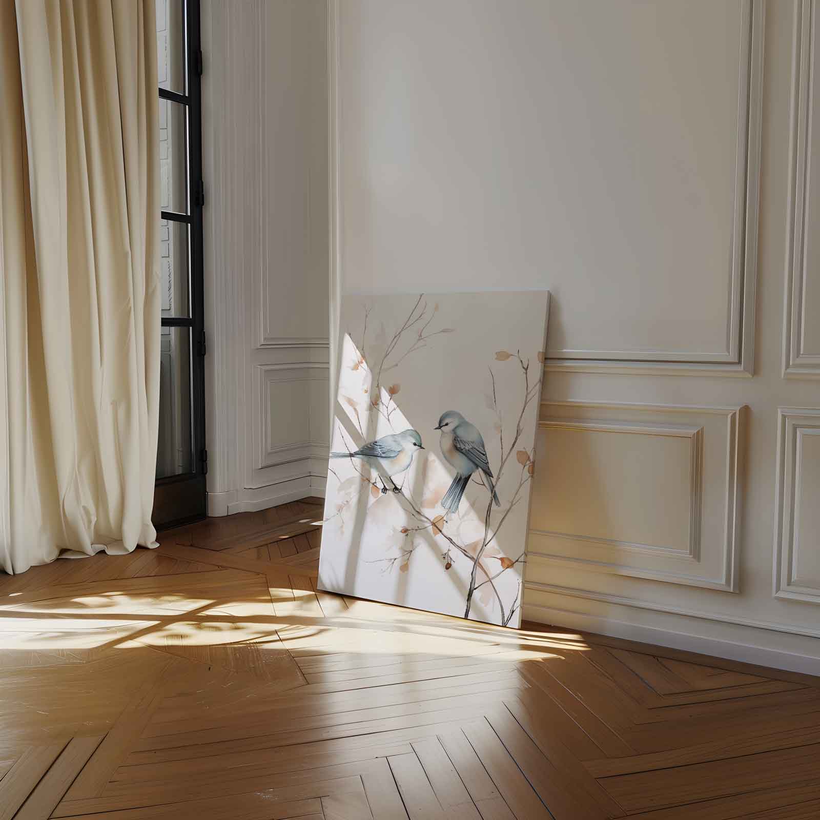 Vrolijke Vogels op Tak Kunstwerk-canvas-dibond-plexiglas-wanddecoratie-WallArtistic