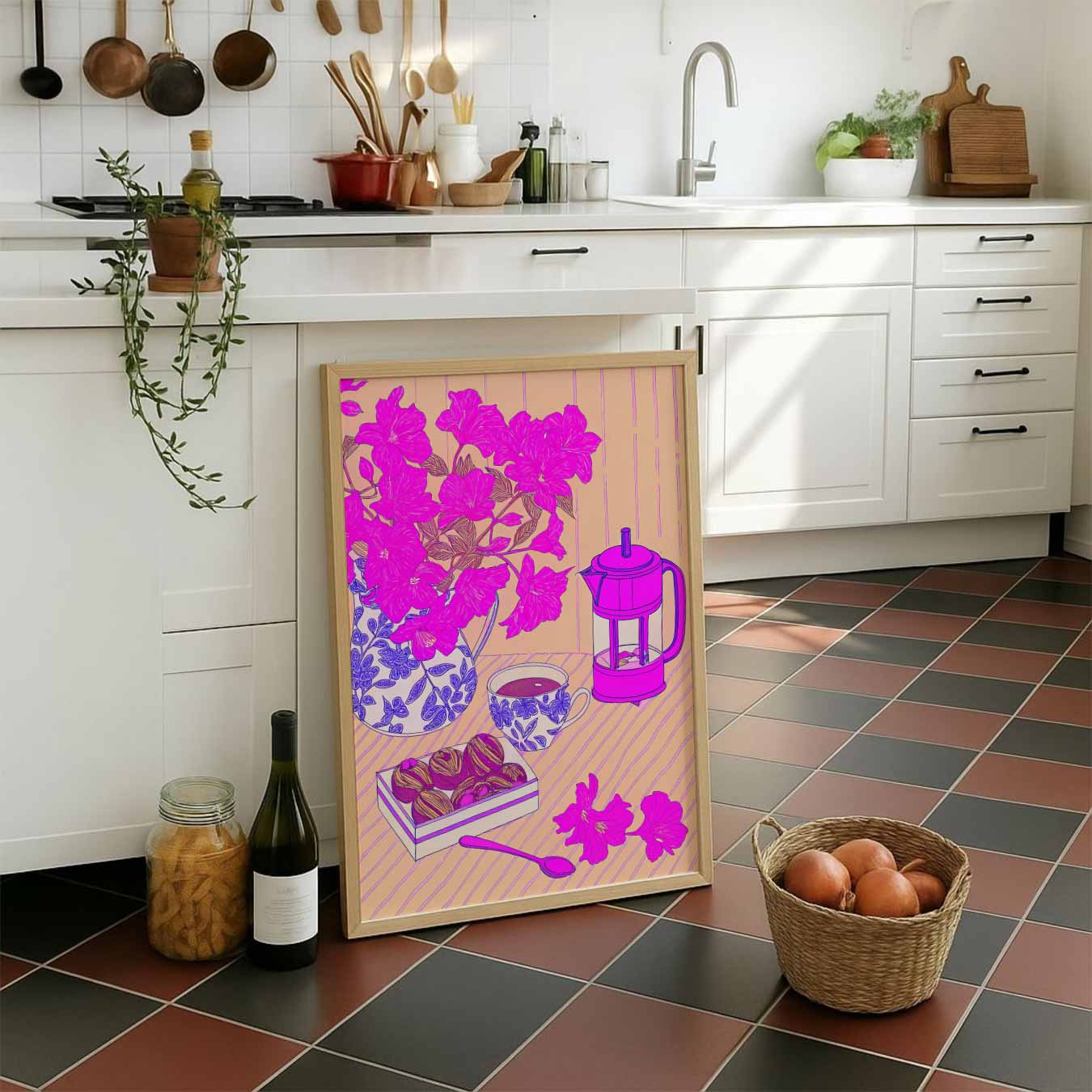 Roze Bloemen en Koffie Moment Poster