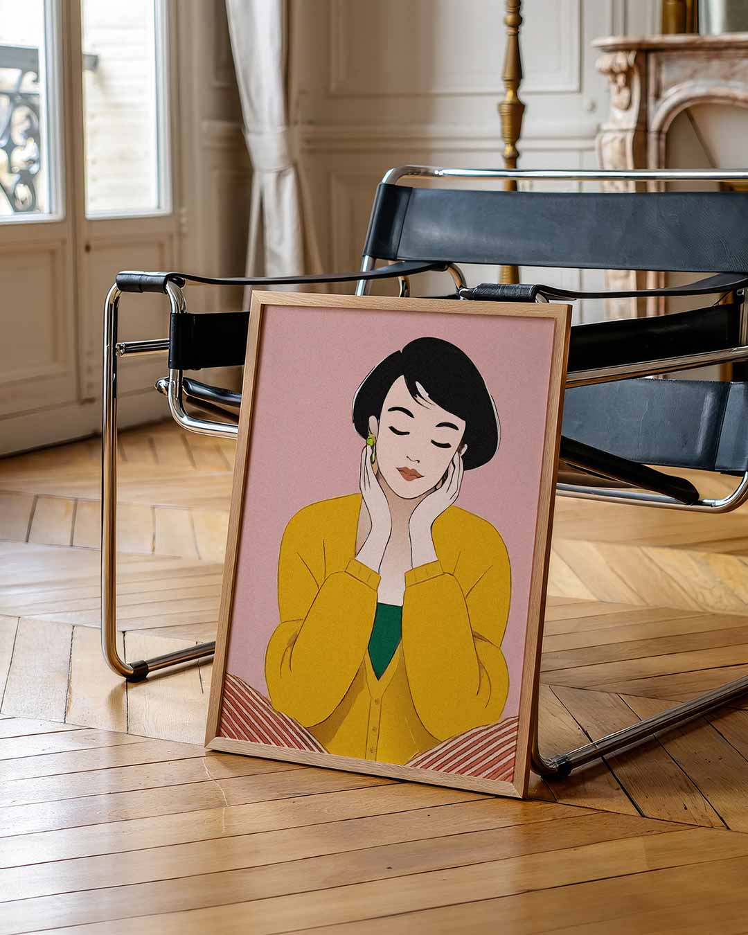 Dromerige Dame in Okergeel Poster-WallArtistic