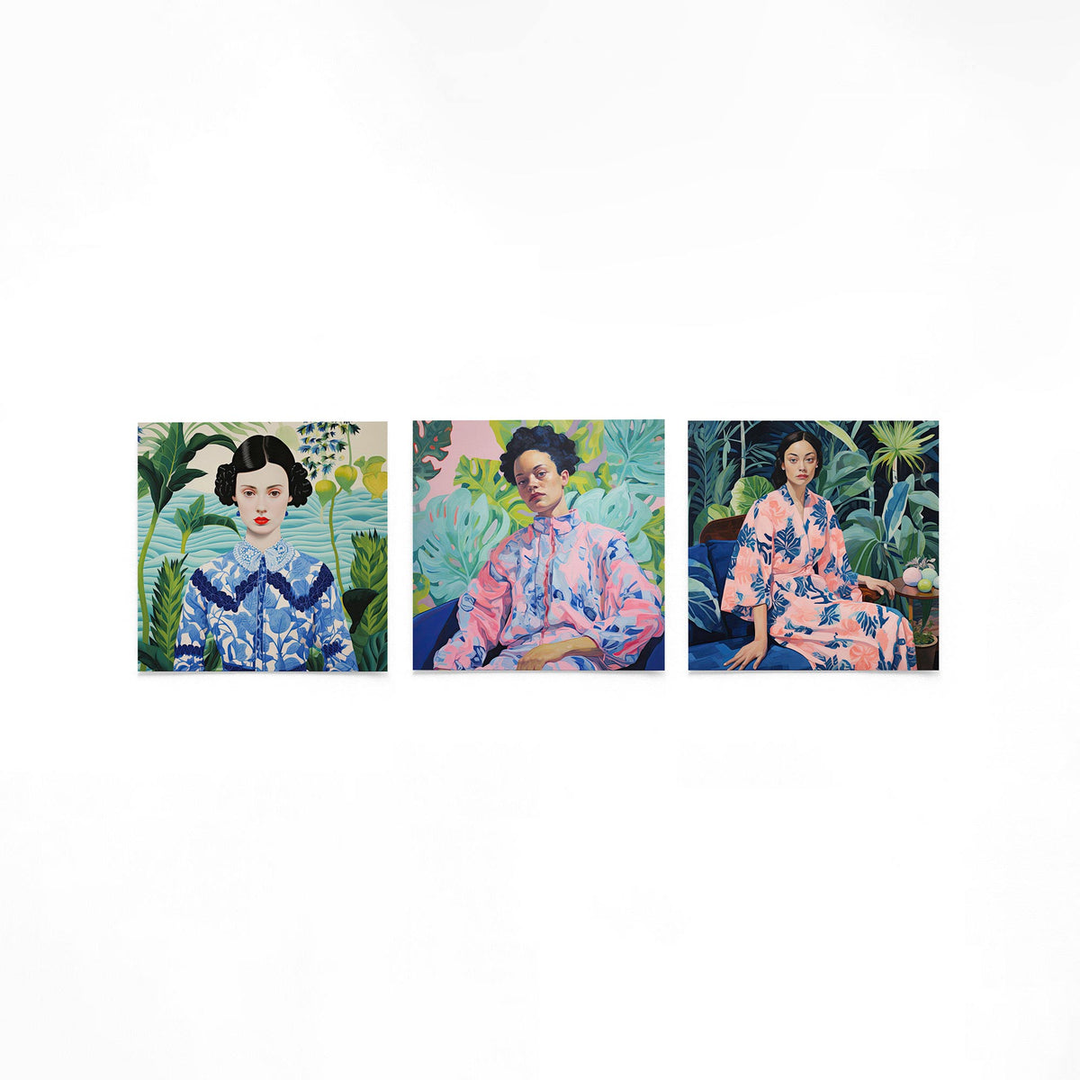 Drie vierkante posters met vrouwenportretten in botanische tuinen op een gebroken witte achtergrond