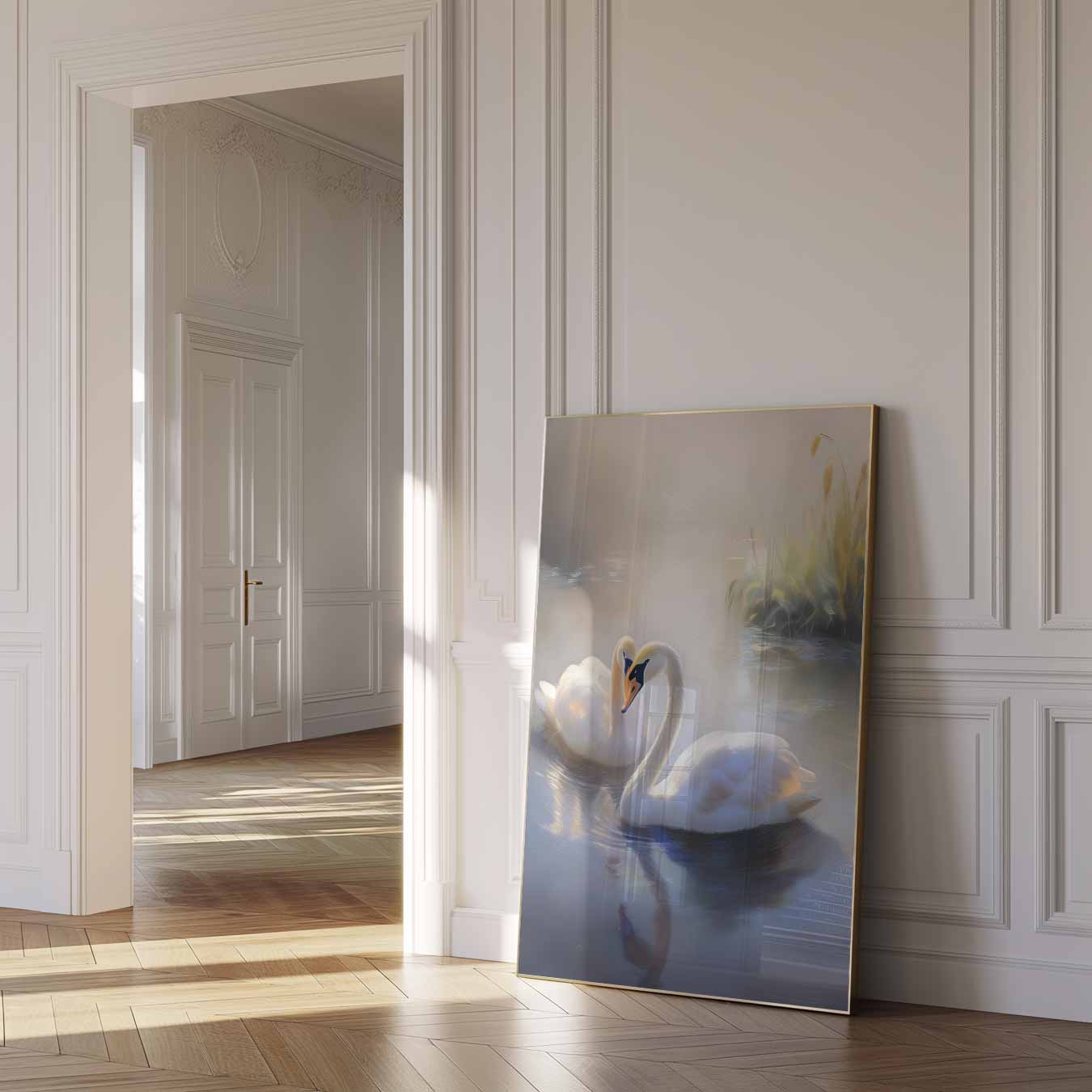 Romantische Zwanen in de Ochtendmist Poster-WallArtistic