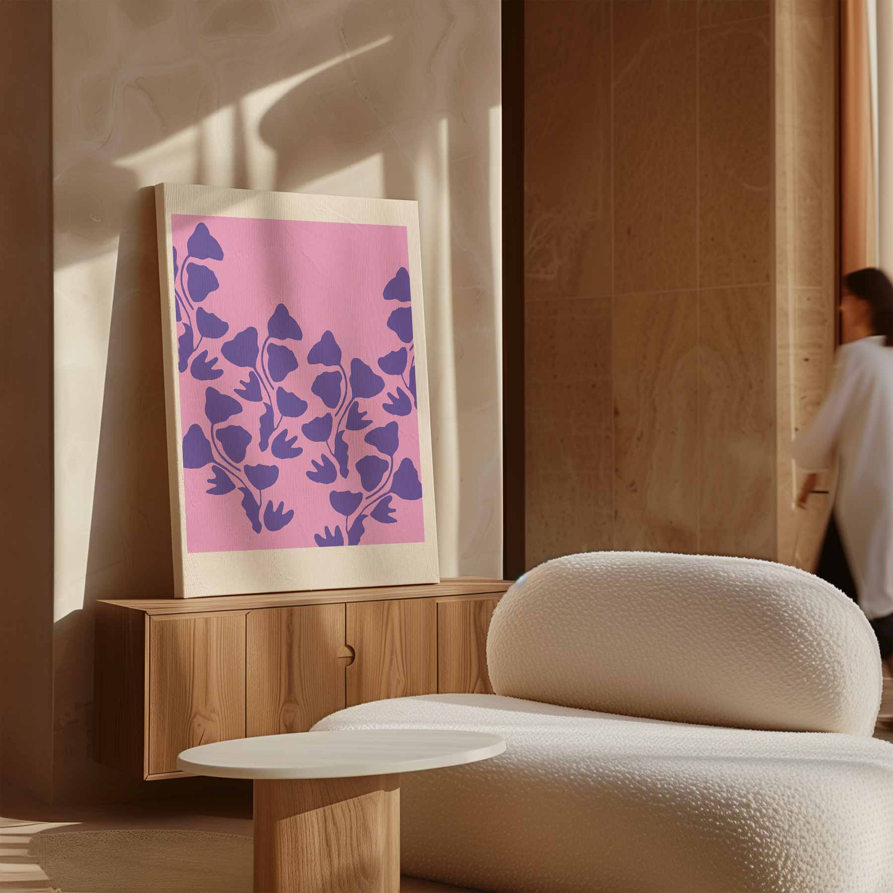 Vrolijke Paarse Bloemen op Roze Kunstwerk-canvas-dibond-plexiglas-wanddecoratie-WallArtistic