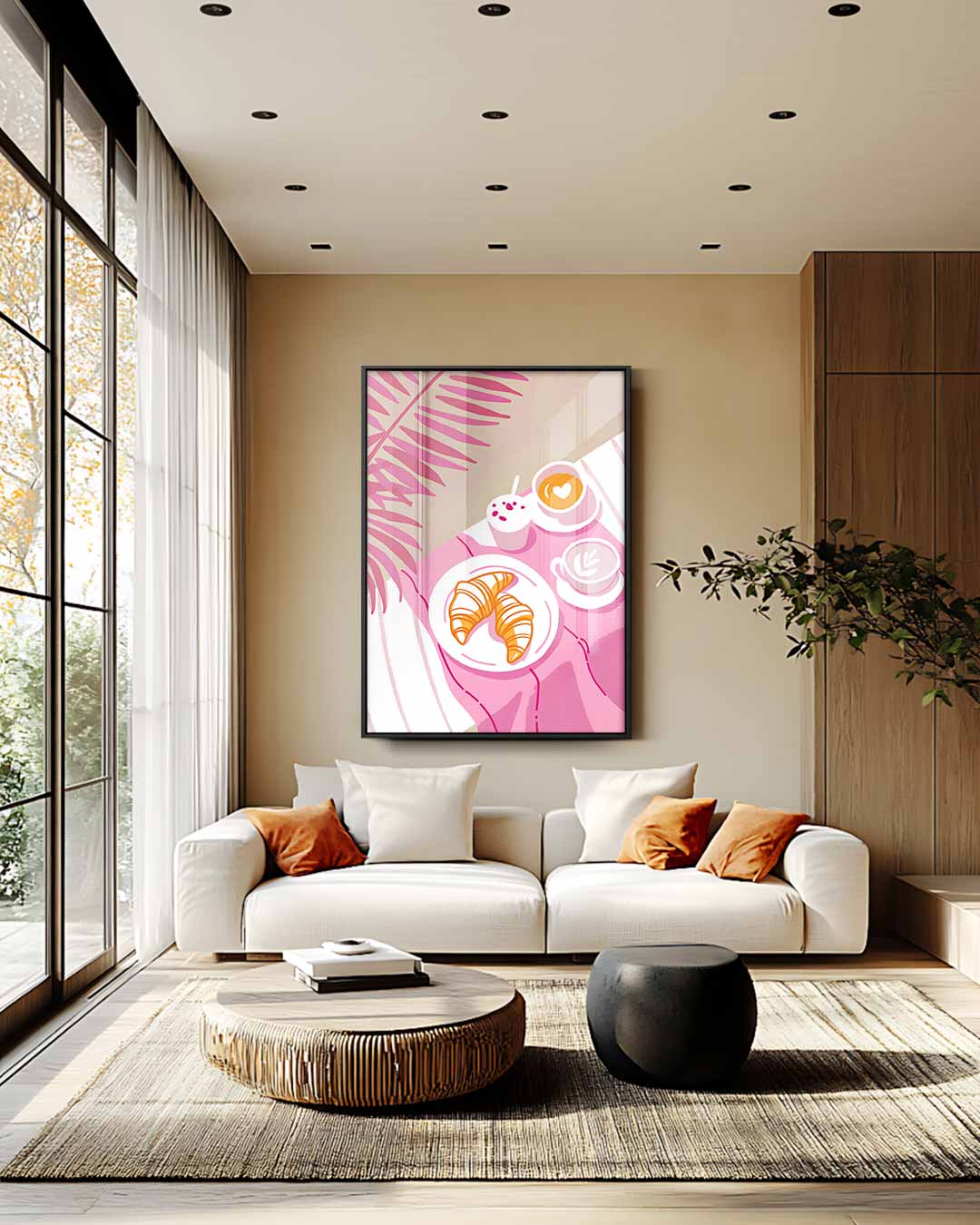 Zonnig Ontbijt op een Roze Picknickkleed Kunstwerk-canvas-dibond-plexiglas-wanddecoratie-WallArtistic