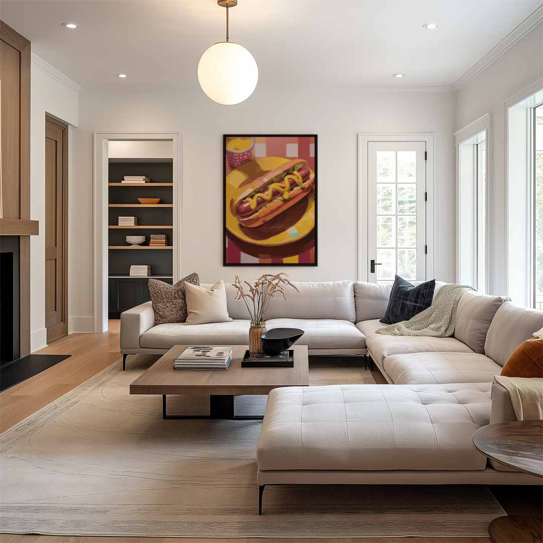 Smakelijke Hotdog Expressie Kunstwerk-canvas-dibond-plexiglas-wanddecoratie-WallArtistic