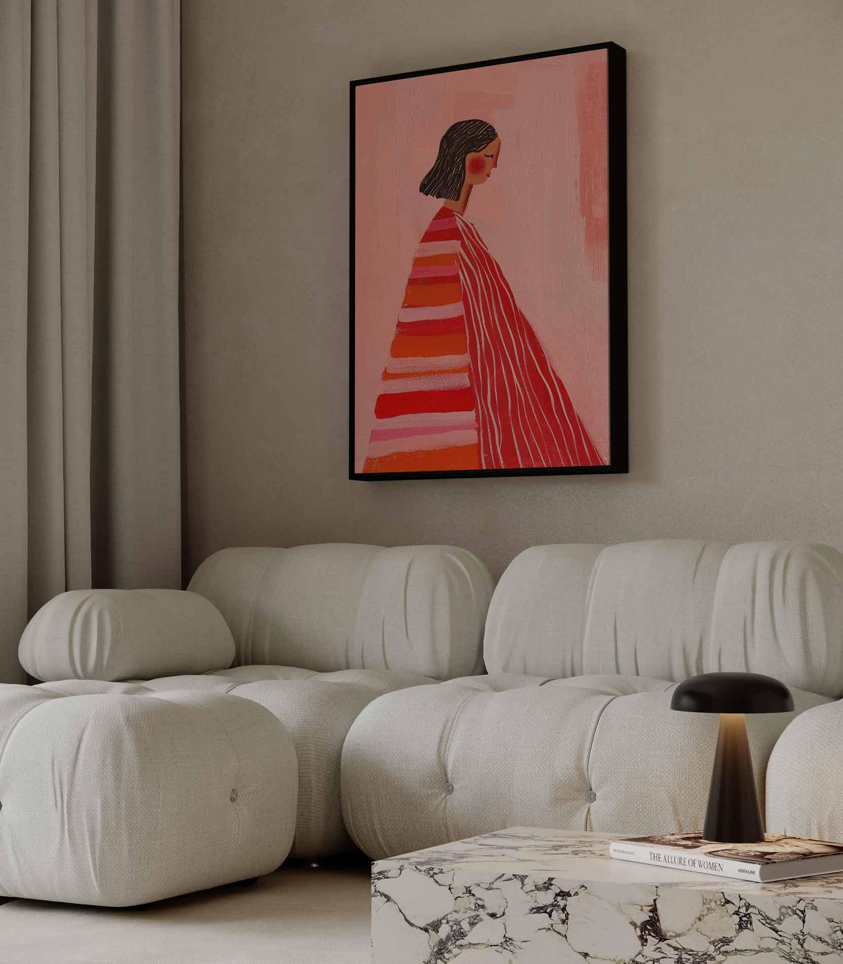 Vrouw in Roze en Rood Kunstwerk-canvas-dibond-plexiglas-wanddecoratie-WallArtistic